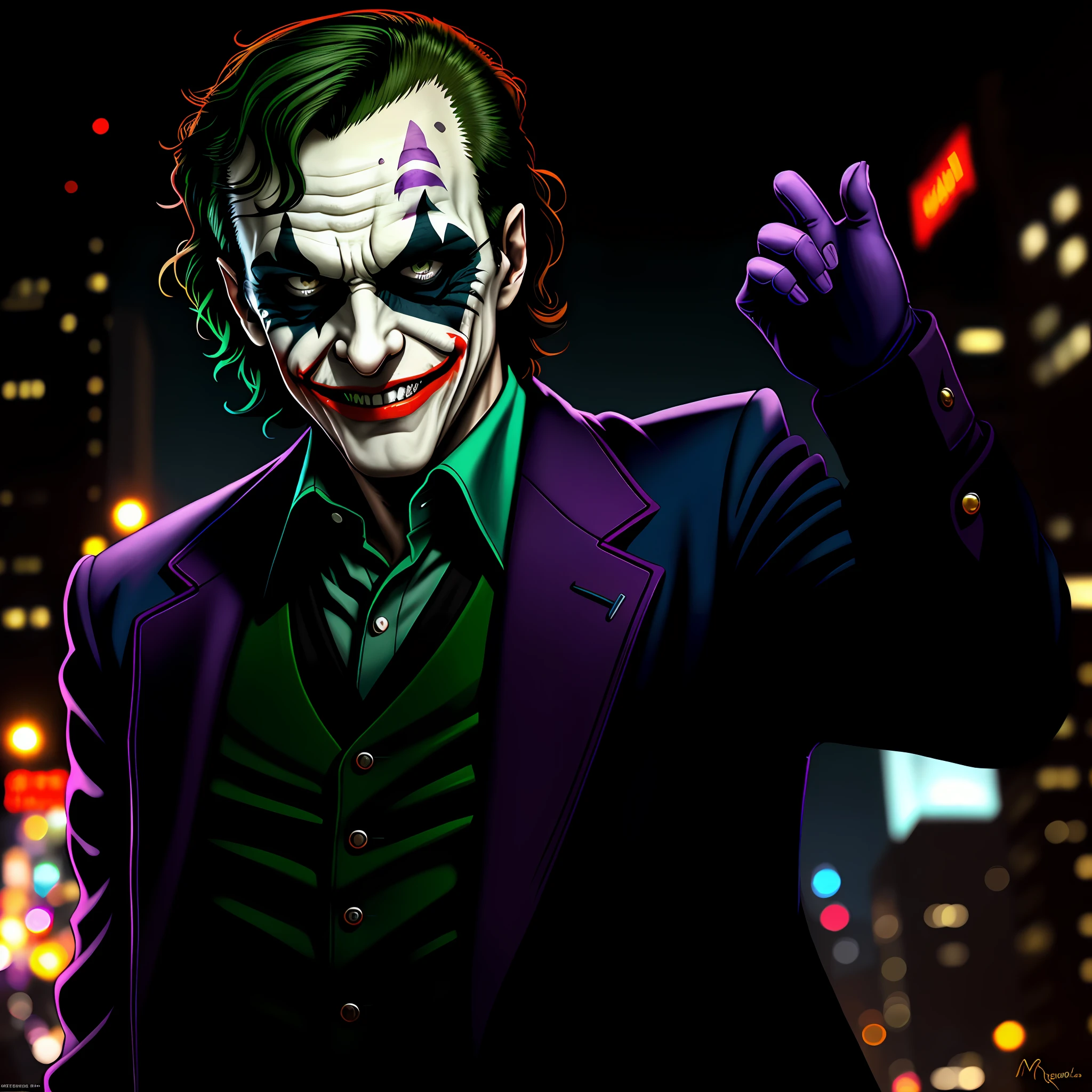 Joker in the style of Omib, illustrator, masterpiece, high quality, 8k, high resolution, high detail, smile, trabsrelative sunglasses, cinematic shading, vivid colors, cool and soft luminosity, Chicago night, wind blowing, Greg Rutkowski style