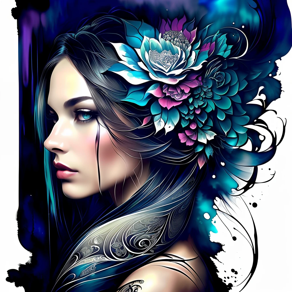 Colorful beautiful woman: Black ink flow: 8k resolution photorealistic masterpiece: by Aaron Horkey and Jeremy Mann: intricately detailed fluid gouache painting: by Jean Baptiste Mongue: calligraphy: acrylic: watercolor art, professional photography, natural lighting, volumetric lighting maximalist photoillustration: by marton bobzert: 8k resolution concept art intricately detailed, complex, elegant, expansive, fantastical