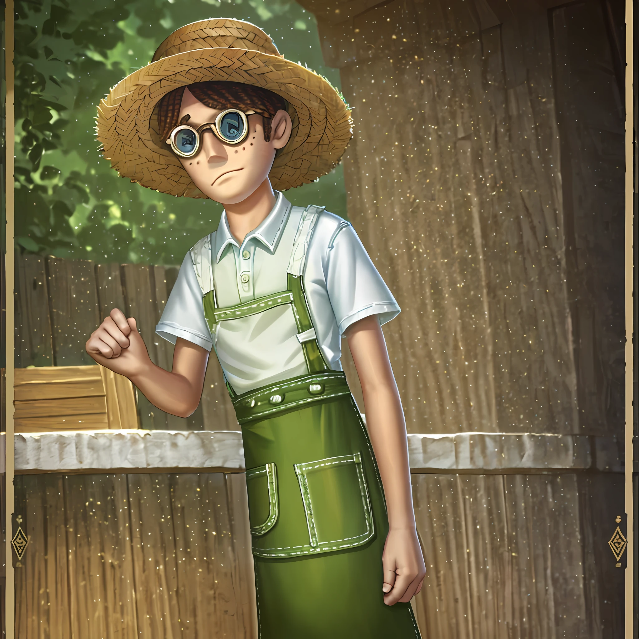 Masterpiece, high quality, young boy, green apron over white t-shirt, straw hat, jeans, freckles on cheeks, facing forward, looking at camera, full body, center of screen