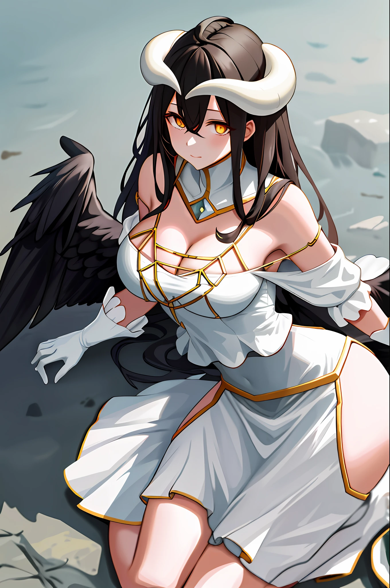 masterpiece, best quality, highres, al1, demon horns, slit pupils, white gloves, white dress, bare shoulders, detached collar, cleavage, black wings, feathered wings, low wings, cowboy shot, outdoors, sitting, kneeling, filed
