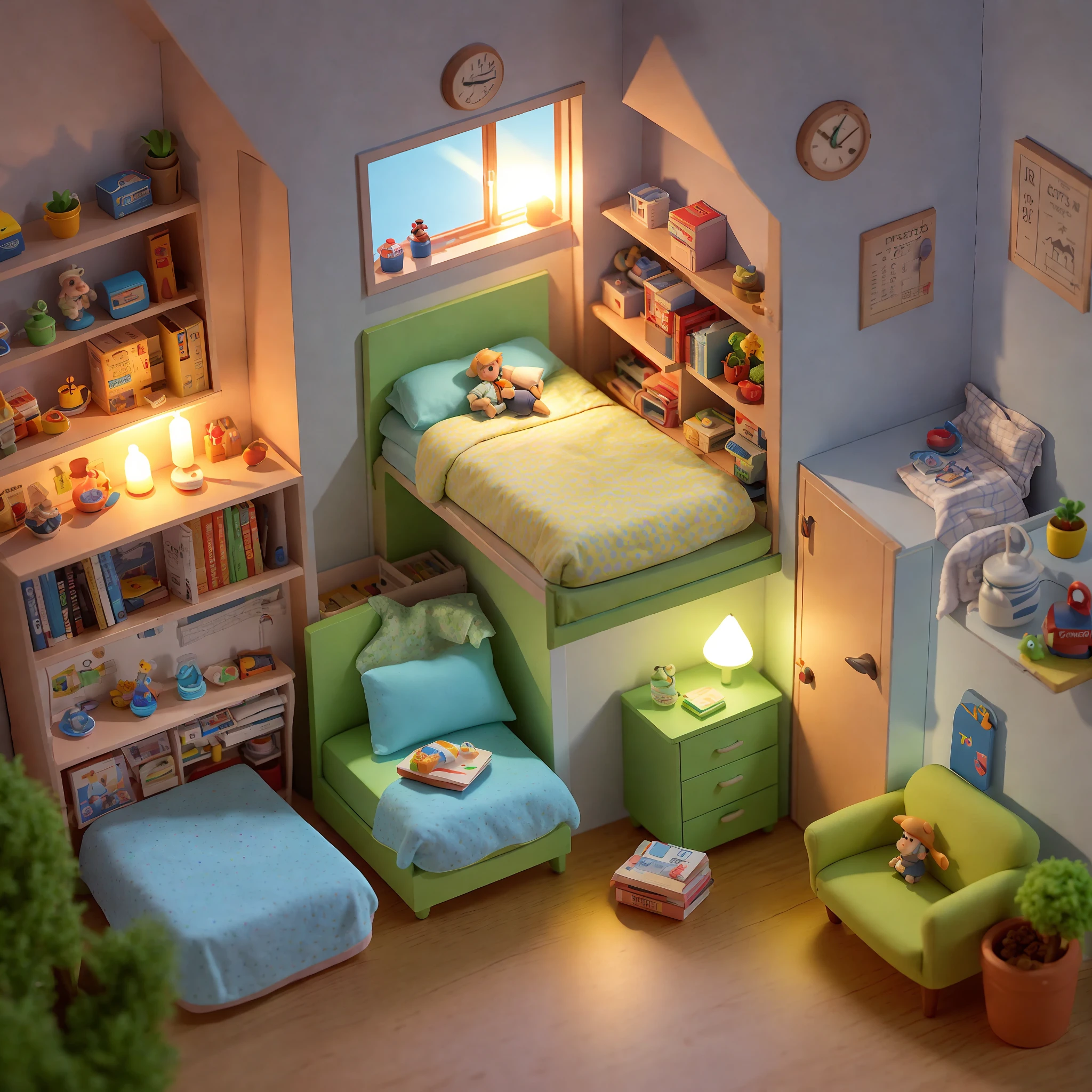 (Pixar style),A model of a cozy small room, miniature figure model, light source from right to left, Rumbrandt lighting, light source from right to left, (isometric view), (top-down), realistic scale, post-processing, ((orthogonal perspective)), super detail, realistic, super realistic, realistic render, rainbow color, glitter