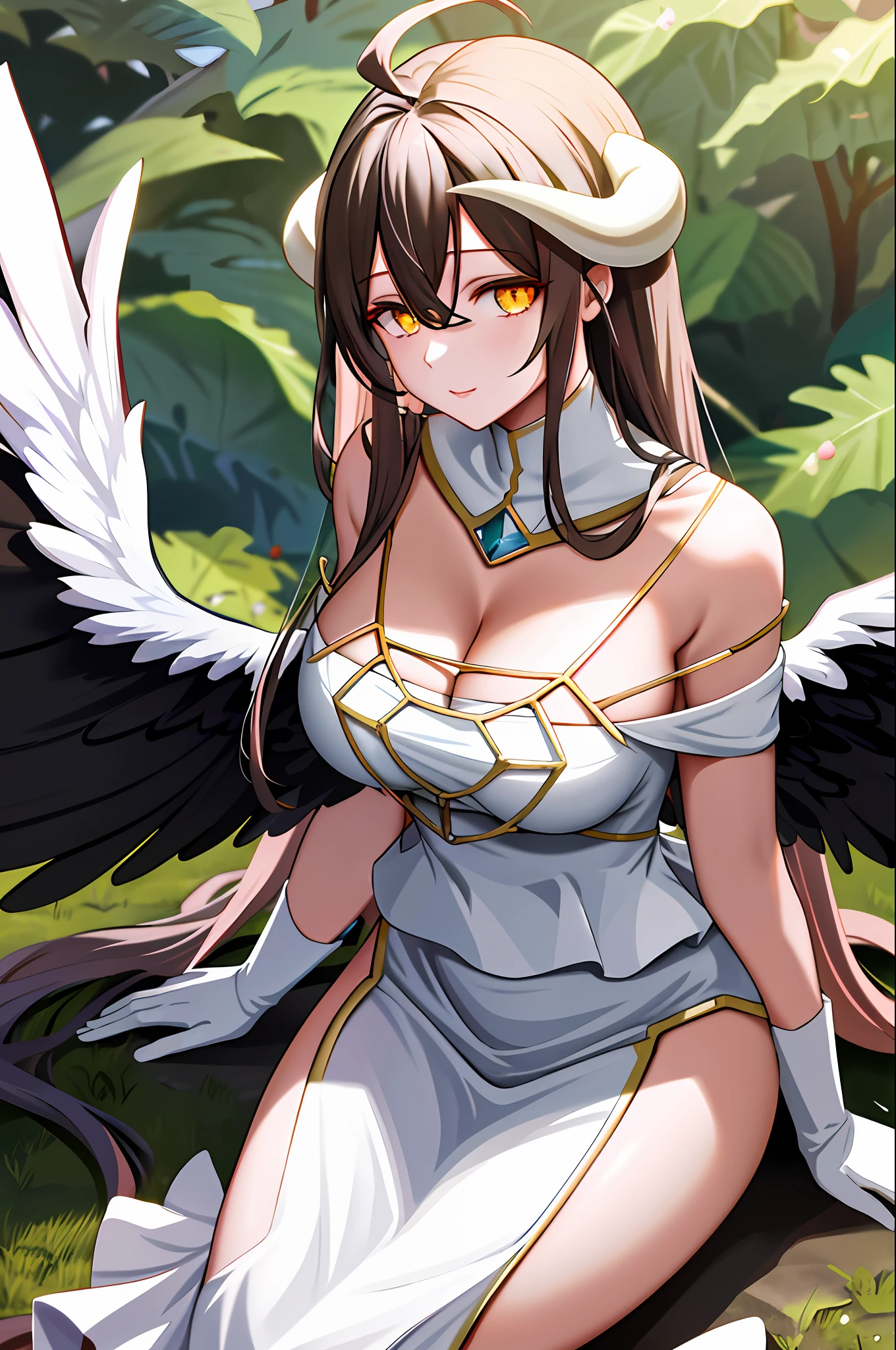 masterpiece, best quality, highres, al1, demon horns, slit pupils, white gloves, white dress, bare shoulders, detached collar, cleavage, black wings, feathered wings, low wings, cowboy shot, outdoors, sitting, kneeling, filed