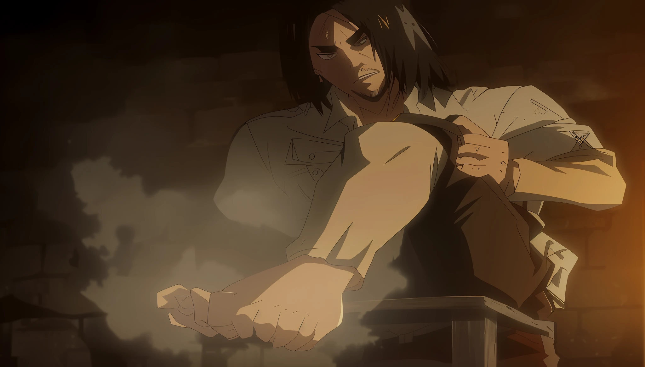 best quality, masterpiece, (realistic: 1.2), 1 man, Eren Jaeger, black jeans, black pants, brown hair, attack on Titan, cold background, black jacket, slim body, high definition, high quality, black clothes