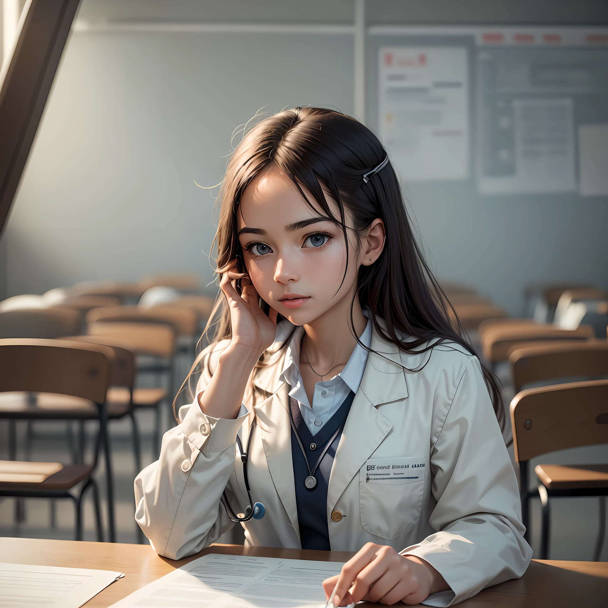 /imagine prompt: In the classroom, a medical student is sitting at her desk, wearing a white lab coat and focused on taking an exam. The environment around you is depicted in ultra-realistic 8k, with all the details refined and meticulously represented. The tables are organized, the chalkboards are full of relevant information, and the walls are decorated with charts and diagrams. The lighting is carefully adjusted to highlight the student's concentrated expression and the details of the lab coat. The image is a high-resolution photograph, captured with a professional camera that captures every detail, texture and color with maximum fidelity. --ar 16:9 --v 5