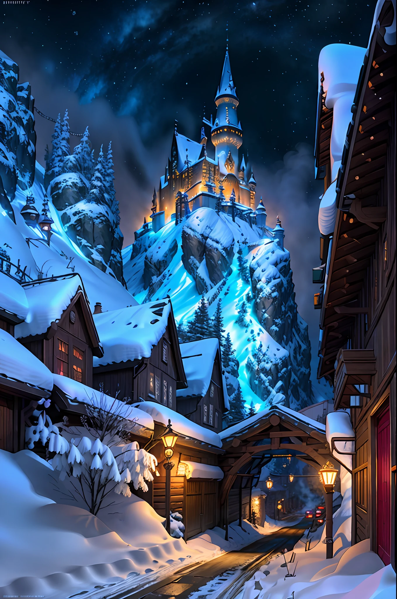 ((masterpiece)), best quality, high quality, ((extremely detailed CG unity 8k wallpaper)),(fantasy), major city alleyway full of crowd, winter season, snowy environment, magic movie style, harry potter movie style, viewing on higher mountain, Mono Lake, 3D Digital Paintings,award winning photography, Bokeh, Depth of Field, HDR, bloom, Chromatic Aberration ,Photorealistic,extremely detailed, trending on artstation, trending on CGsociety, Intricate, High Detail, dramatic, art by midjourney