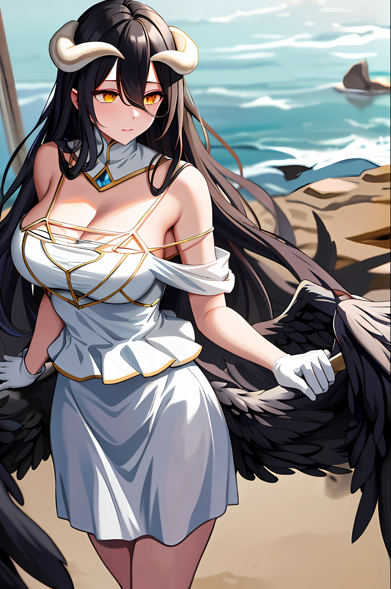 masterpiece, best quality, highres, al1, demon horns, slit pupils, white gloves, white dress, bare shoulders, detached collar, cleavage, black wings, feathered wings, low wings, cowboy shot, outdoors, filed
