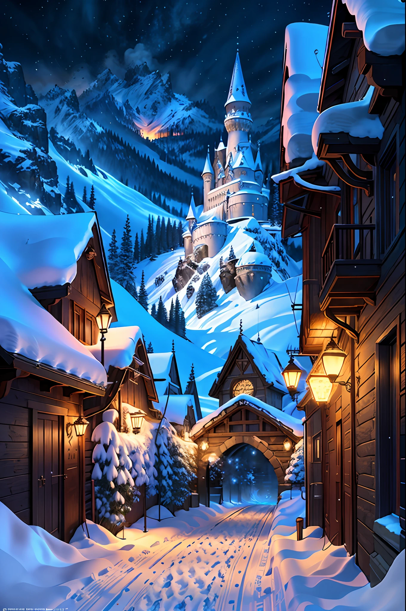 ((masterpiece)), best quality, high quality, ((extremely detailed CG unity 8k wallpaper)),(fantasy), major city alleyway full of crowd, winter season, snowy environment, magic movie style, harry potter movie style, viewing on higher mountain, Mono Lake, 3D Digital Paintings,award winning photography, Bokeh, Depth of Field, HDR, bloom, Chromatic Aberration ,Photorealistic,extremely detailed, trending on artstation, trending on CGsociety, Intricate, High Detail, dramatic, art by midjourney