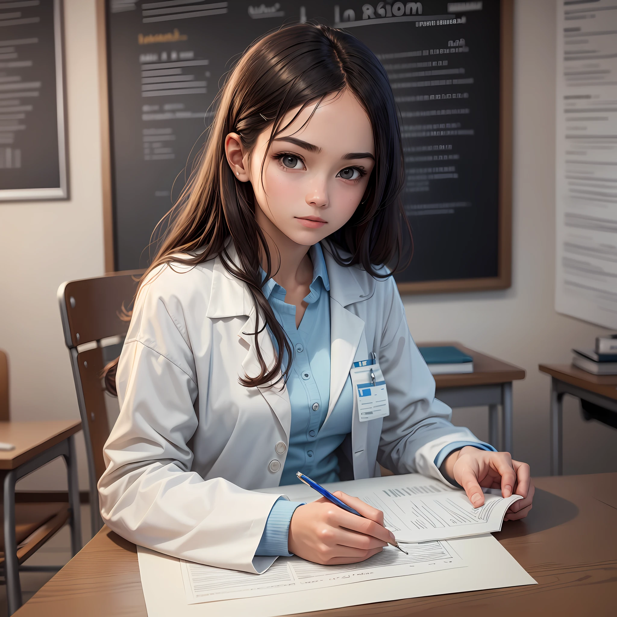 /imagine prompt: In the classroom, a medical student is sitting at her desk, wearing a white lab coat and focused on taking an exam. The environment around you is depicted in ultra-realistic 8k, with all the details refined and meticulously represented. The tables are organized, the chalkboards are full of relevant information, and the walls are decorated with charts and diagrams. The lighting is carefully adjusted to highlight the student's concentrated expression and the details of the lab coat. The image is a high-resolution photograph, captured with a professional camera that captures every detail, texture and color with maximum fidelity. --ar 16:9 --v 5
