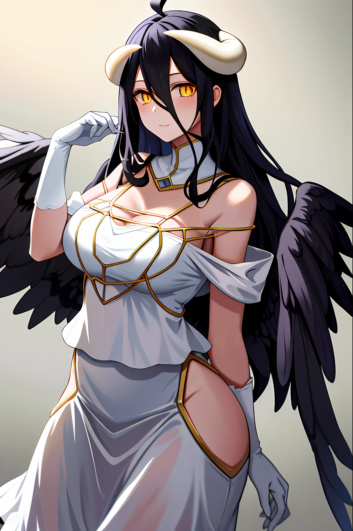 masterpiece, best quality, highres, al1, demon horns, slit pupils, white gloves, white dress, bare shoulders, detached collar, cleavage, black wings, feathered wings, low wings, cowboy shot, outdoors, filed