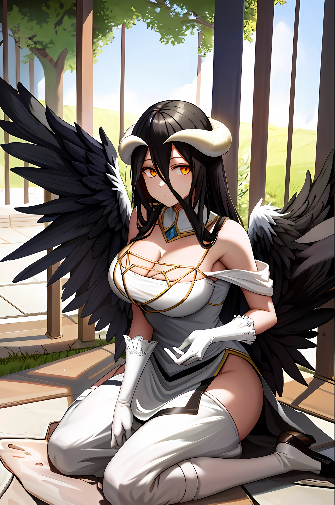 Albedo, overlord, masterpiece, best quality, highres, al1, demon horns, slit pupils, white gloves, maid dress, bare shoulders, detached collar, cleavage, black wings, feathered wings, low wings, cowboy shot, outdoors, sitting, kneeling, filed