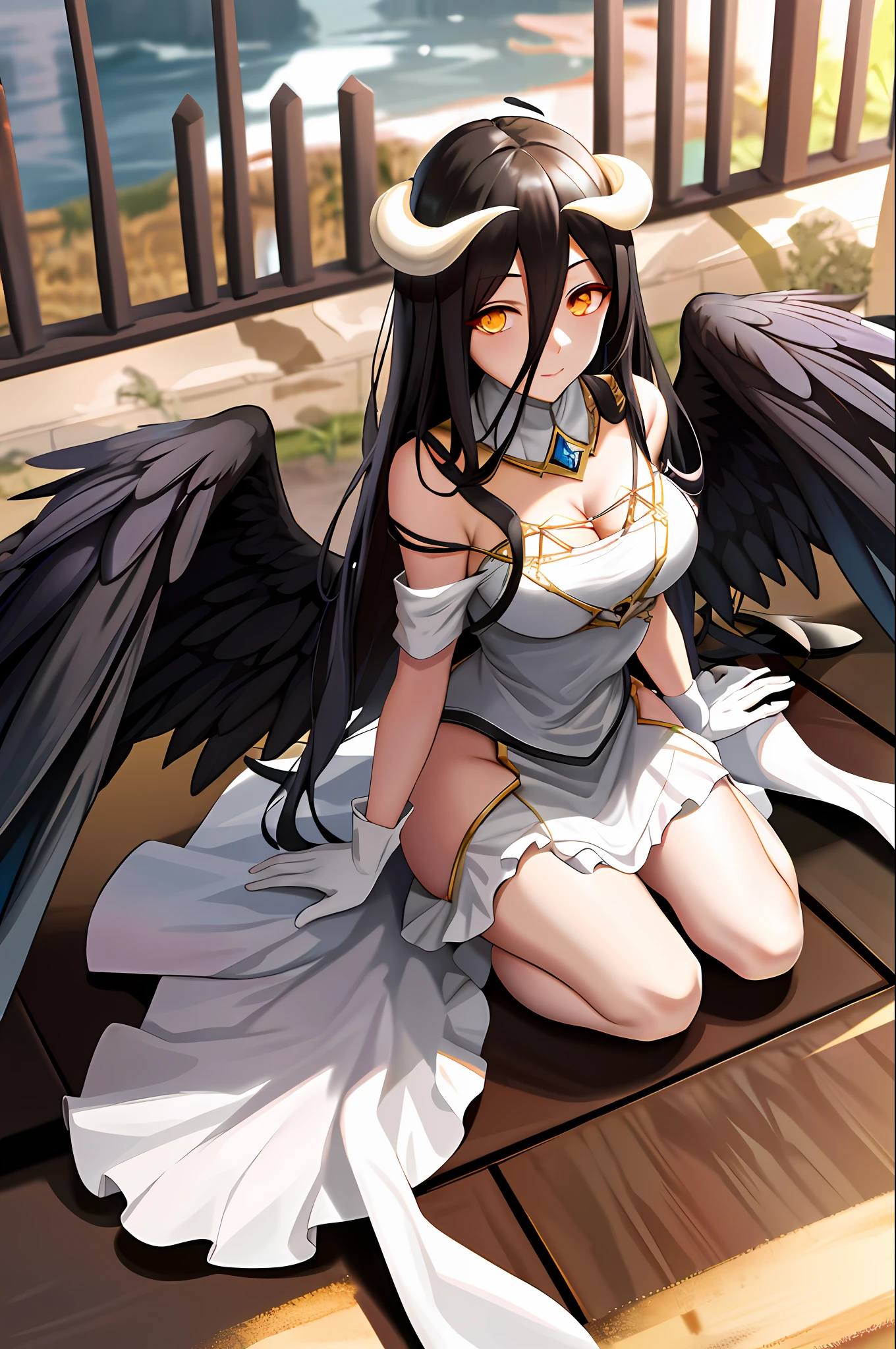 Albedo, overlord, masterpiece, best quality, highres, al1, demon horns, slit pupils, white gloves, maid dress, bare shoulders, detached collar, cleavage, black wings, feathered wings, low wings, cowboy shot, outdoors, sitting, kneeling, filed