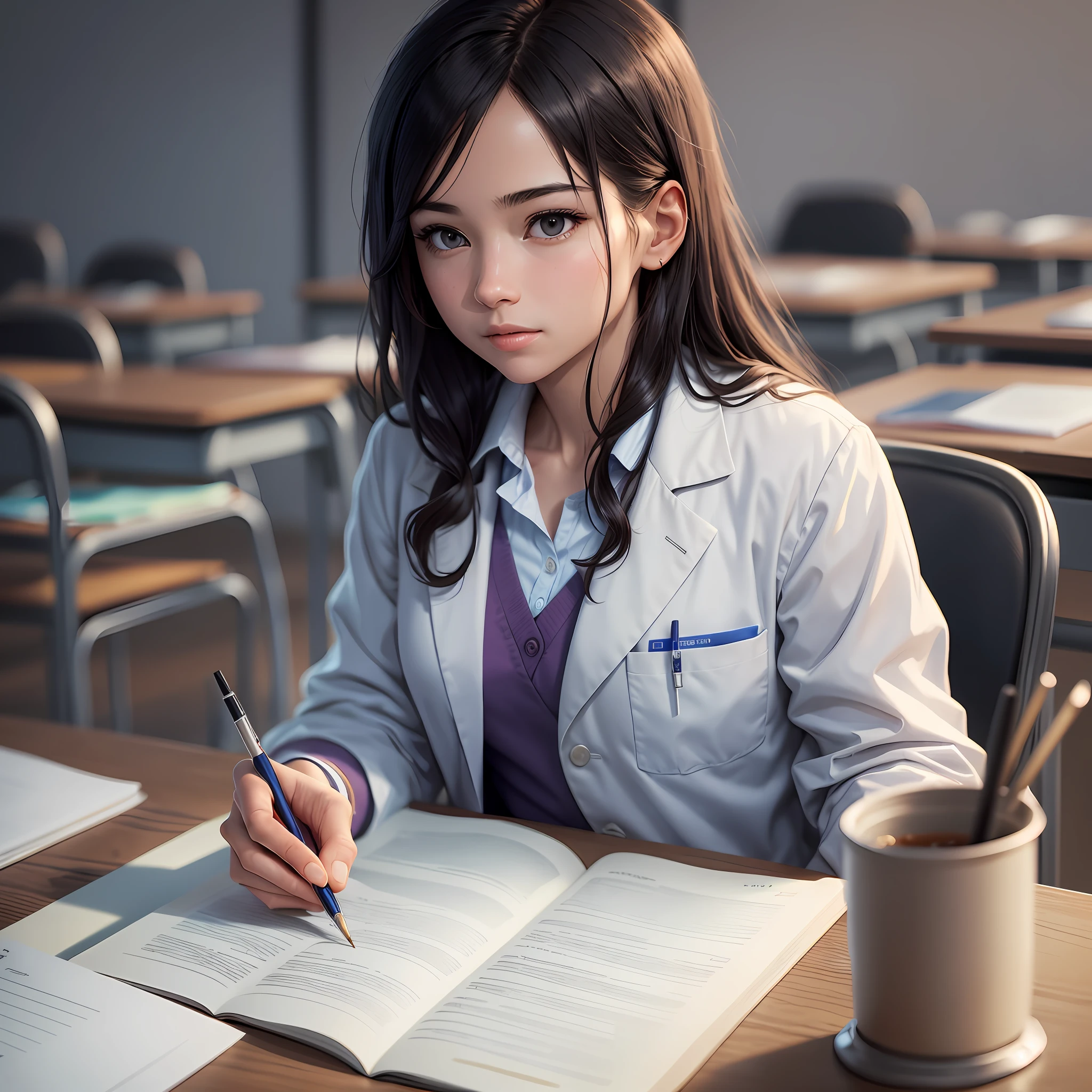 /imagine prompt: In class, a medical student is sitting at her desk, wearing a white lab coat while focusing on an exam. The environment around you is depicted in ultra-realistic 8k, with all the details refined and meticulously represented. The tables are arranged symmetrically, the chalkboards are filled with anatomical information, and the manuals are open and marked with important notes. The lighting is carefully adjusted to enhance the student's serious expression and the details of the lab coat. The image is a digital illustration, with vivid colors and sharp strokes, highlighting the realistic details of the student, the lab coat and the classroom environment. --ar 16:9 --v 5