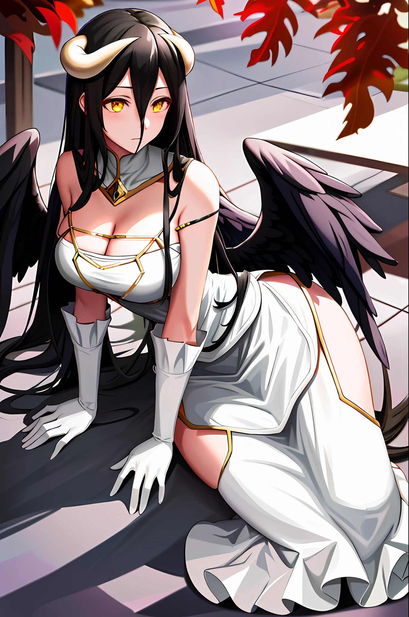 Albedo, overlord, masterpiece, best quality, highres, al1, demon horns, slit pupils, white gloves, maid dress, bare shoulders, detached collar, cleavage, black wings, feathered wings, low wings, cowboy shot, outdoors, sitting, kneeling, filed