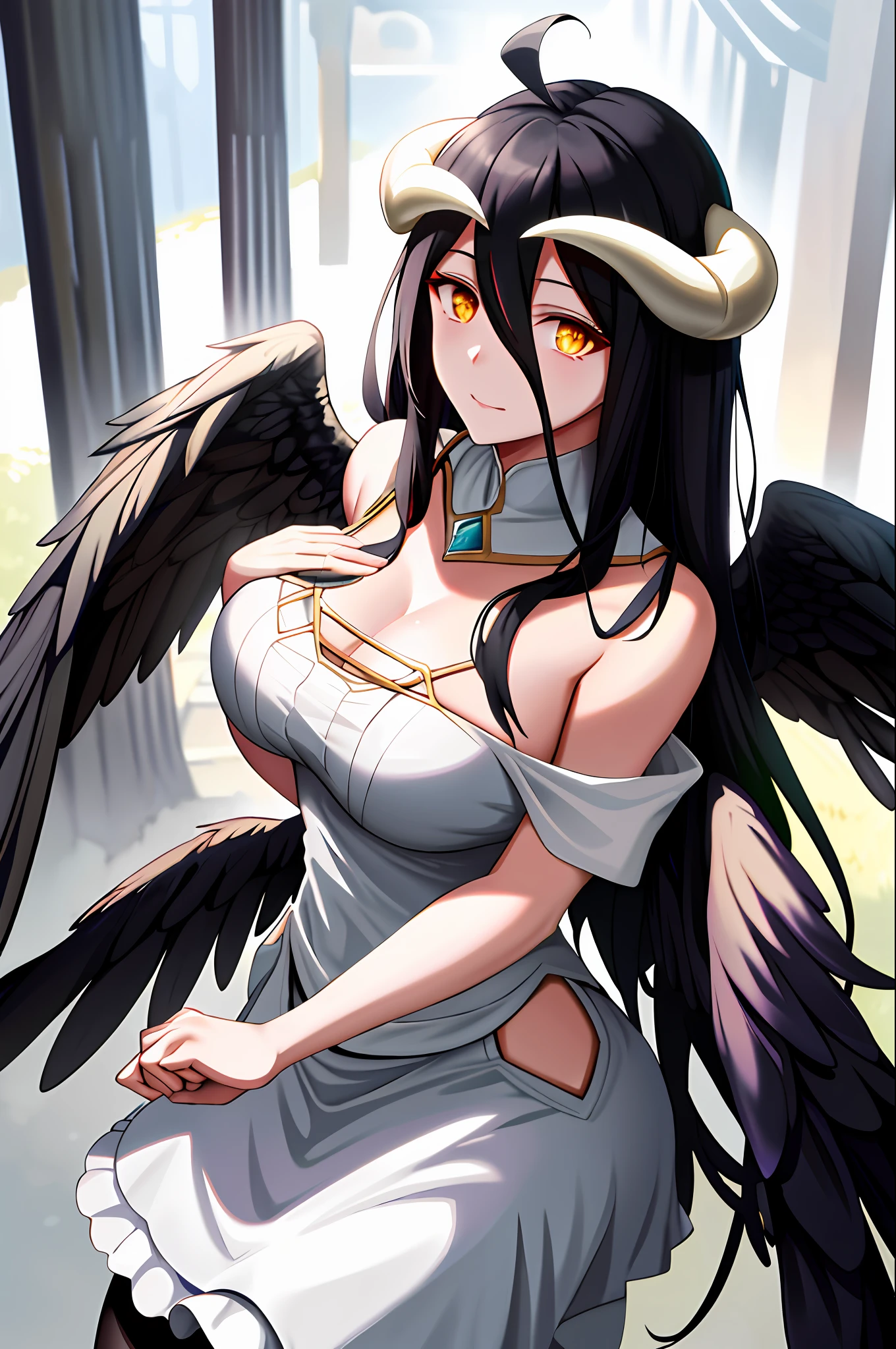 Albedo, overlord, masterpiece, best quality, highres, al1, demon horns, slit pupils, maid dress, bare shoulders, detached collar, cleavage, black wings, feathered wings, low wings, cowboy shot, outdoors,