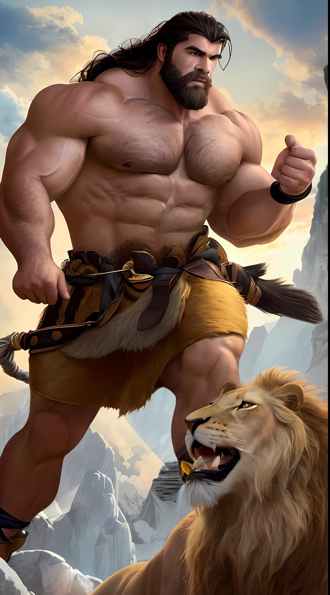 Hercules is often described as a man of athletic and imposing build. He has a robust physical structure, with well-defined muscles and great strength. Hercules has short hair and a tight beard, which add an air of maturity and masculinity to his appearance. Their eyes are usually expressive and determined, demonstrating their courage and determination.
Clothing: Hercules is known to wear a short light-colored tunic, which allows greater freedom of movement during his heroic feats. The tunic can be adorned with belts and leather bands, adding a dash of style and practicality. In addition, Hercules wears sturdy sandals, suitable for walking on rough terrain. He can also carry a lion's skin, a trophy from one of his legendary battles.