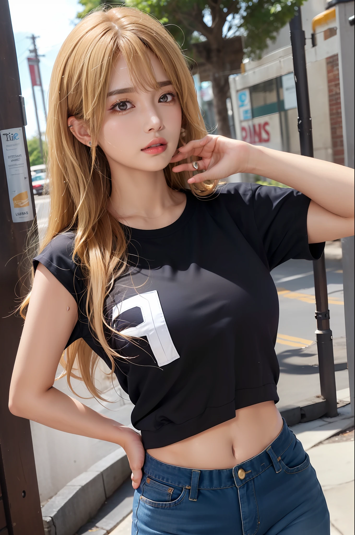 (1girl),large breasts, breasts, tan, dewy skin, sweaty skin, wavy blonde hair, punk tshirt, punk girl, dark hair, transparent