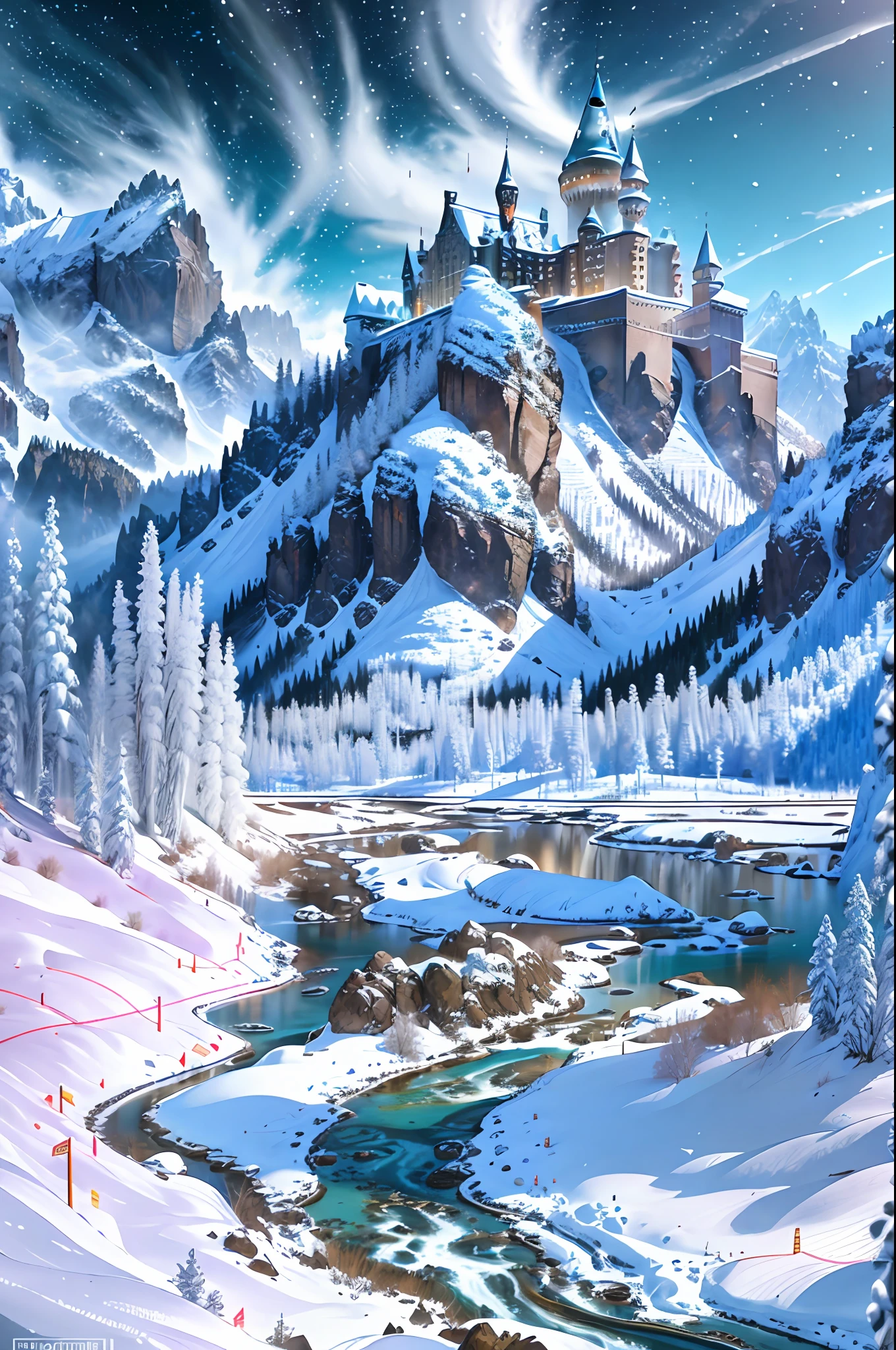 ((masterpiece)), best quality, high quality, ((extremely detailed CG unity 8k wallpaper)),(fantasy), major city market full of people, crowd, winter season, snowy environment, magic movie style, harry potter movie style, viewing on higher mountain, Mono Lake, 3D Digital Paintings, award winning photography, Bokeh, Depth of Field, HDR, bloom, Chromatic Aberration ,Photorealistic, extremely detailed, trending on artstation, trending on CG society, Intricate, High Detail, dramatic, art by midjourney