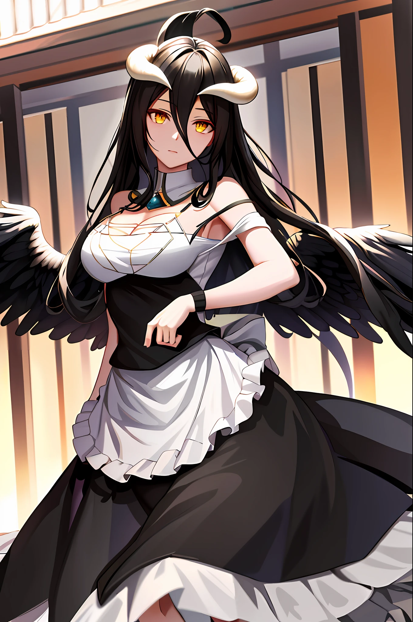 Albedo, overlord, masterpiece, best quality, highres, al1, demon horns, slit pupils, maid dress, bare shoulders, detached collar, cleavage, black wings, feathered wings, low wings, cowboy shot, outdoors, maid seifuku, black dress maid, in maid dress, maid uniform,