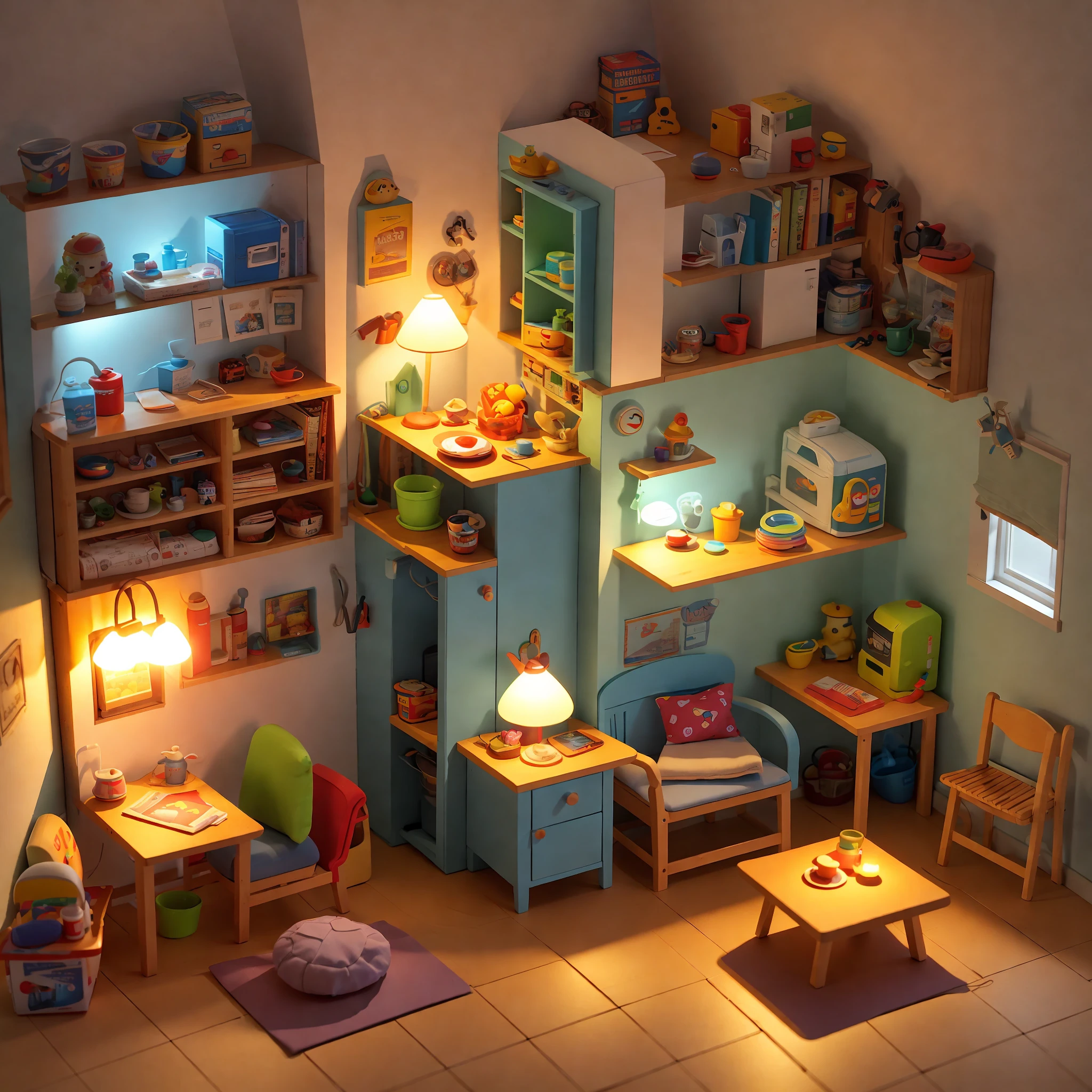 (Pixar style),A model of a cozy small room, miniature figure model, light source from right to left, Rumbrandt lighting, light source from right to left, (isometric view), (top-down), realistic scale, post-processing, ((orthogonal perspective)), super detail, realistic, super realistic, realistic render, rainbow colorful color