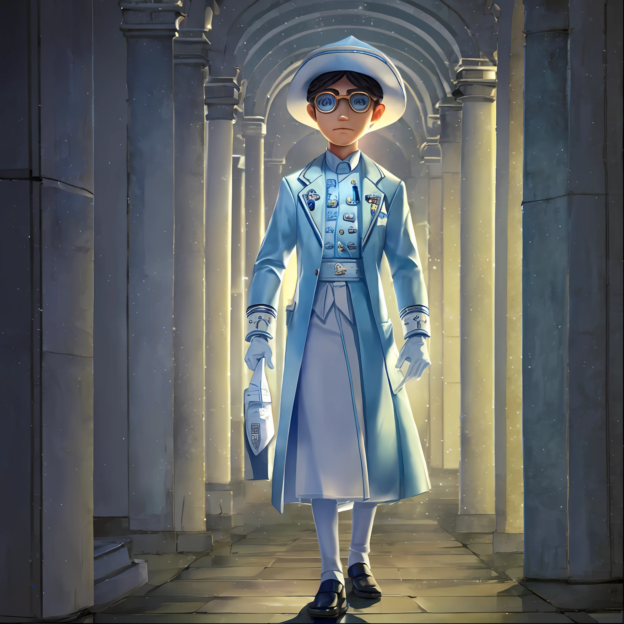 masterpiece, high quality, young boy, nurse white hat, short light blue jacket, white long skirt, white gloves, facing forward, looking at camera, full body, center of screen