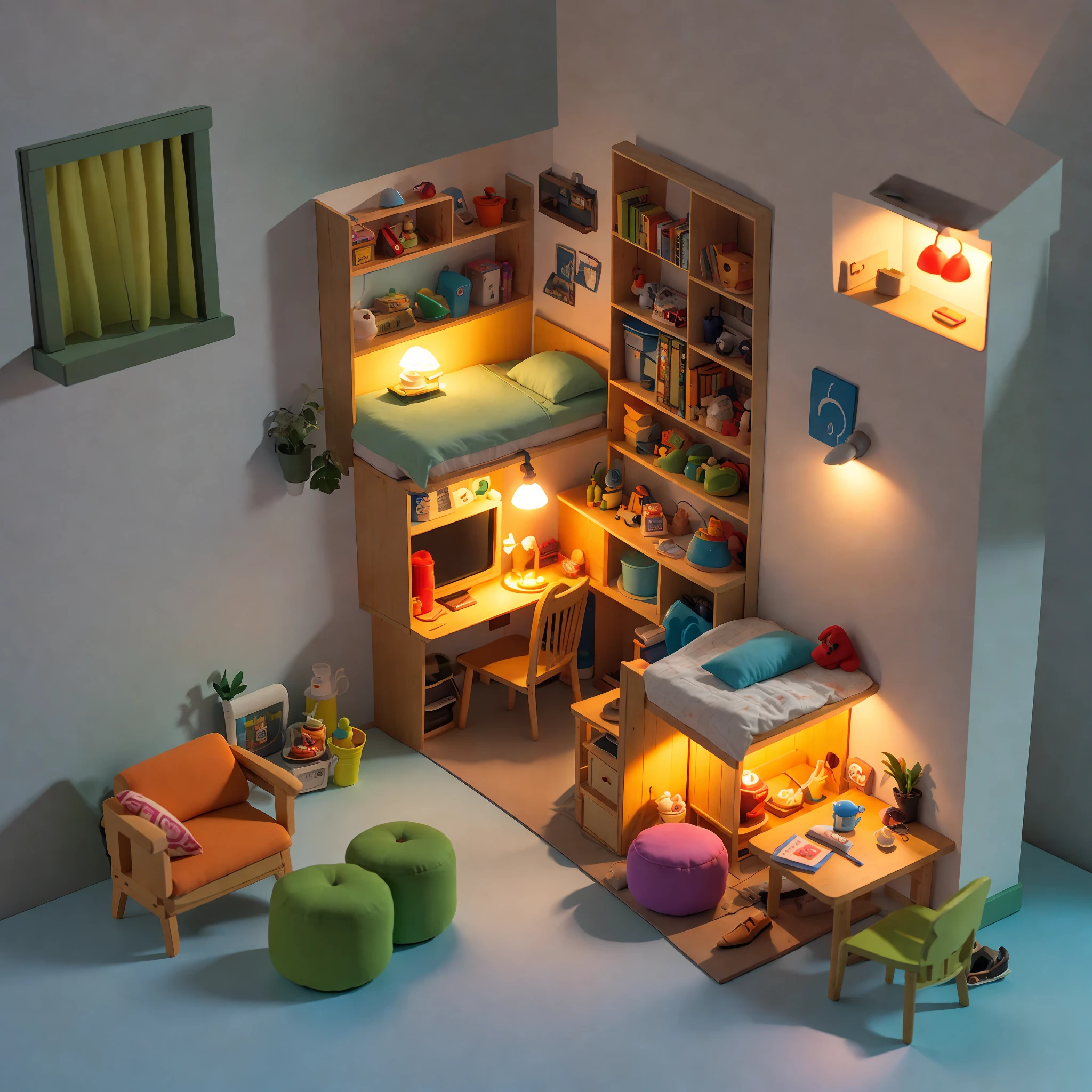 （Pixar style),A model of a cozy small room, miniature figure model, light source from right to left, Rumbrandt lighting, light source from right to left, (isometric view), (top-down), realistic scale, post-processing, ((orthogonal perspective)), super detail, realistic, super realistic, realistic render, rainbow colorful color