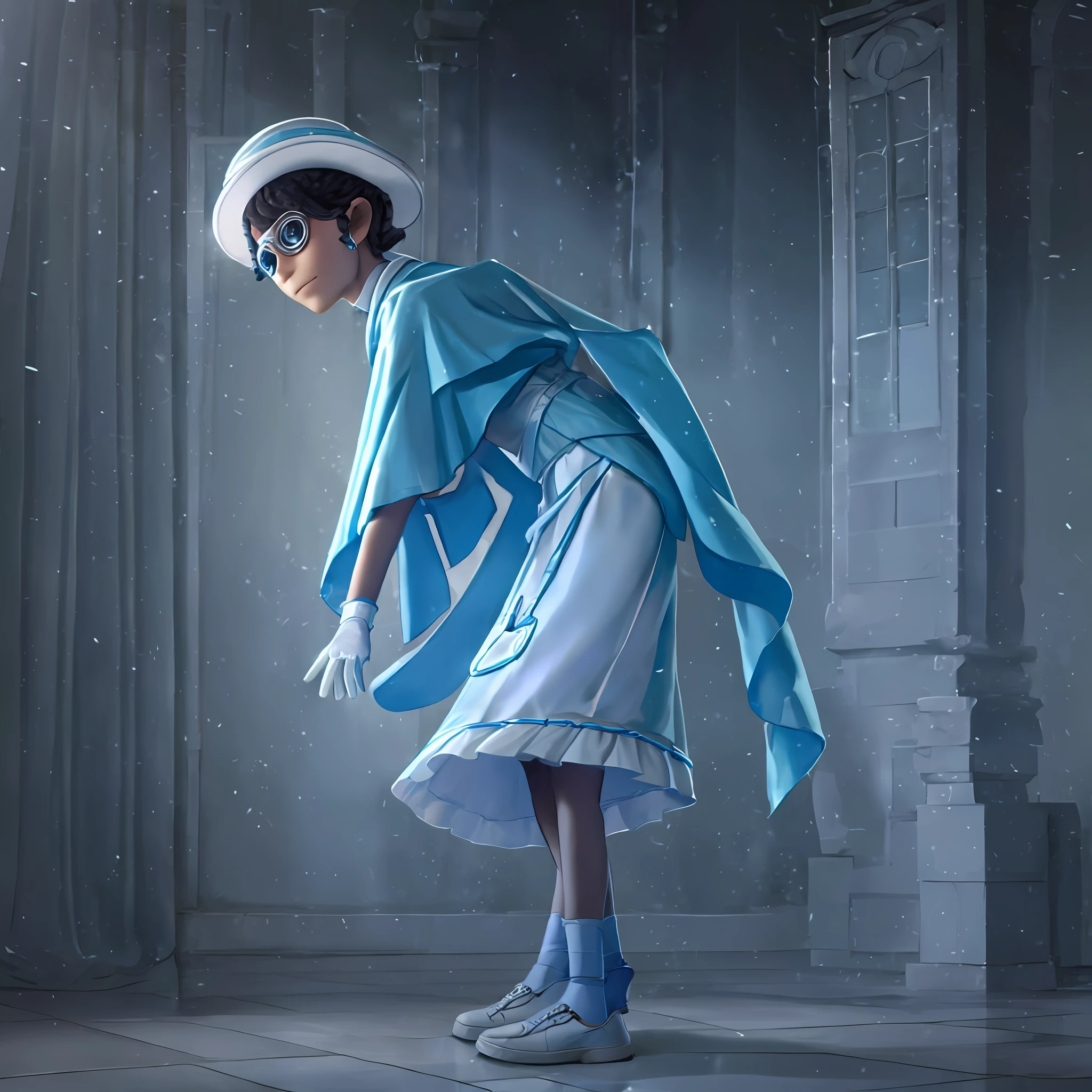 Masterpiece, high quality, young boy, nurse white hat, super length short light blue poncho, white long skirt, white gloves, facing forward, looking at camera, full body, center of screen