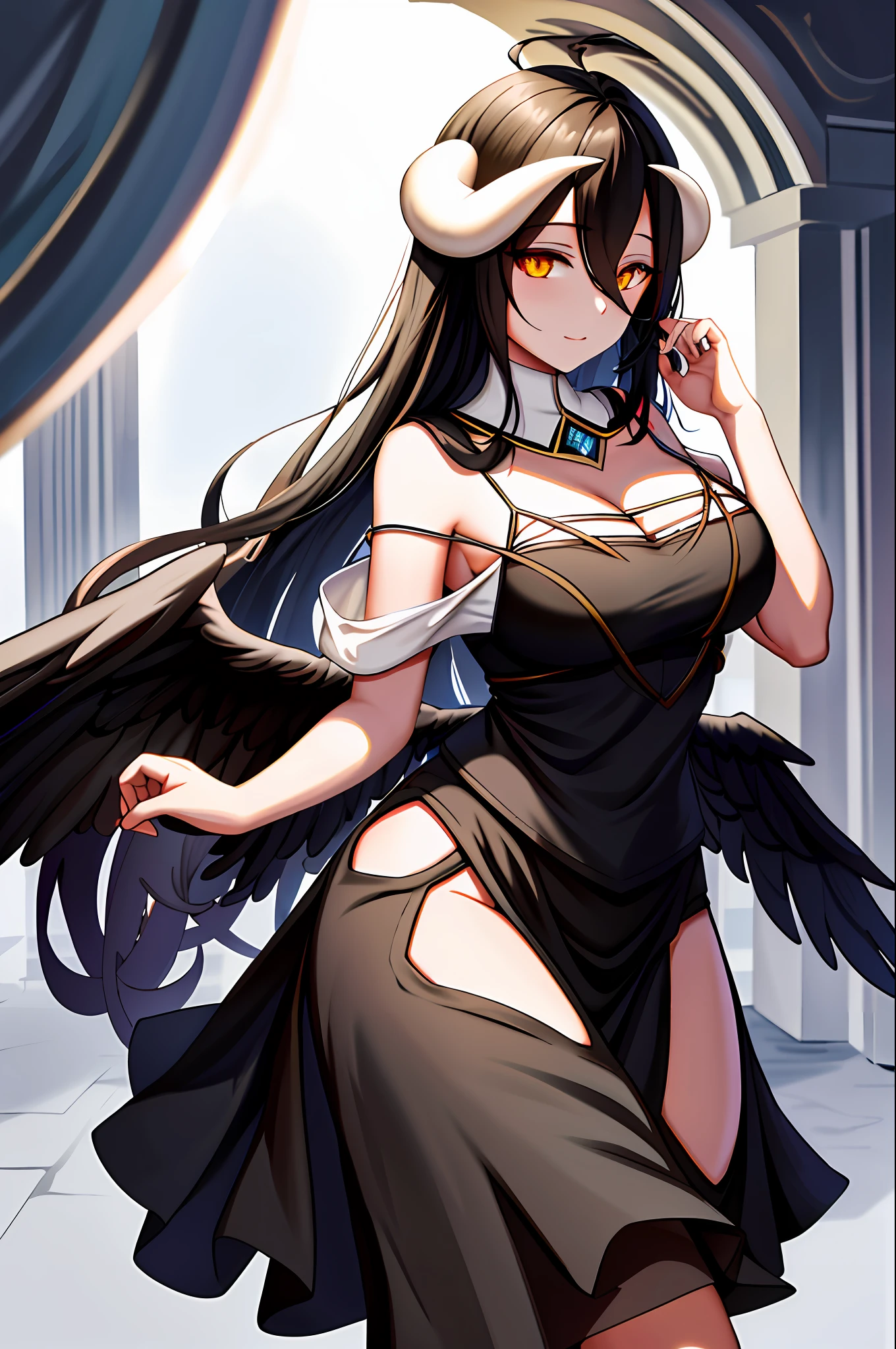 Albedo, overlord, masterpiece, best quality, highres, al1, demon horns, slit pupils, maid dress, bare shoulders, detached collar, cleavage, black wings, feathered wings, low wings, cowboy shot, outdoors, maid seifuku, black dress maid, in maid dress, maid uniform,