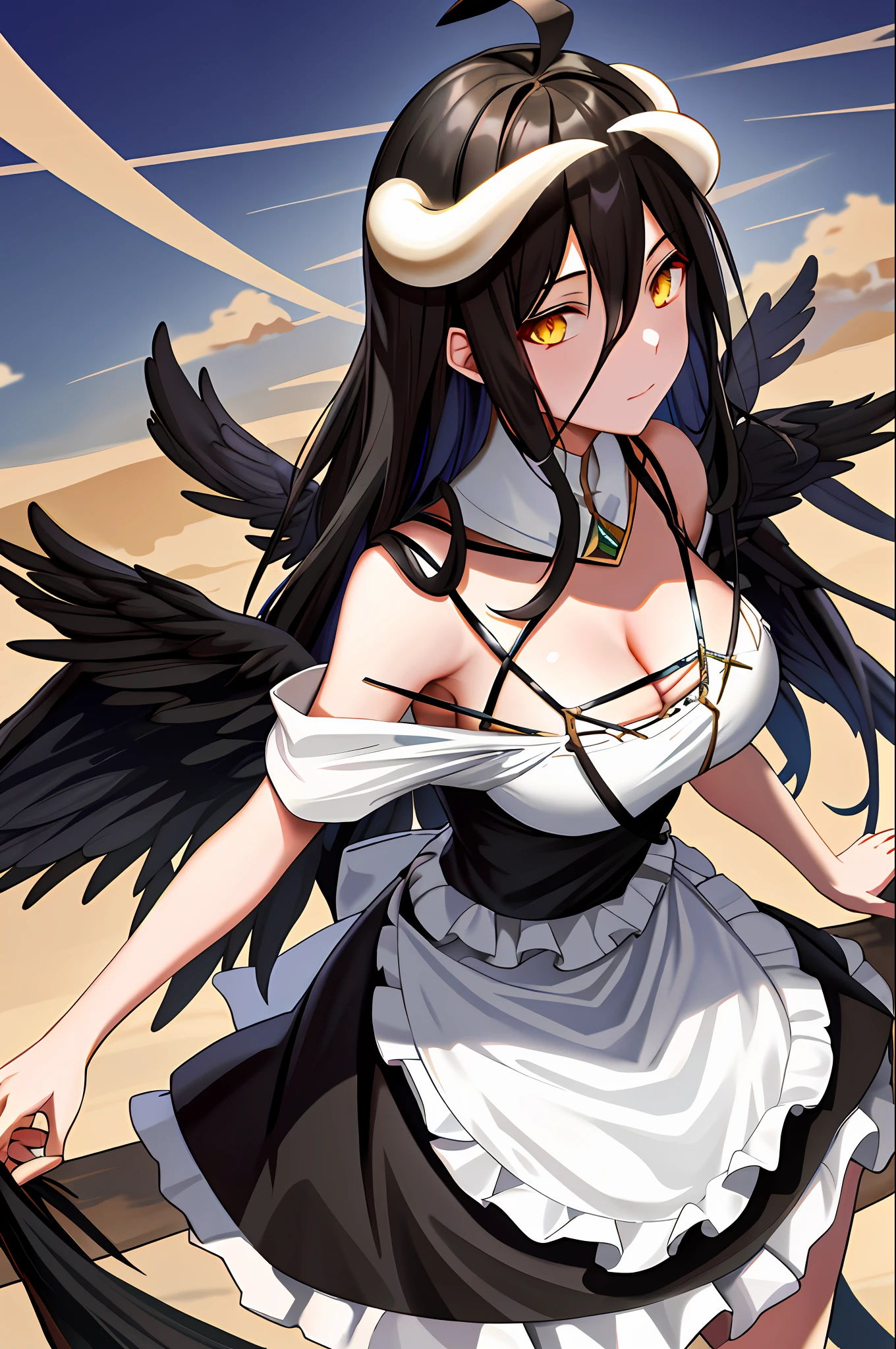 Albedo, overlord, masterpiece, best quality, highres, al1, demon horns, slit pupils, maid dress, bare shoulders, detached collar, cleavage, black wings, feathered wings, low wings, cowboy shot, outdoors, maid seifuku, black dress maid, in maid dress, maid uniform,