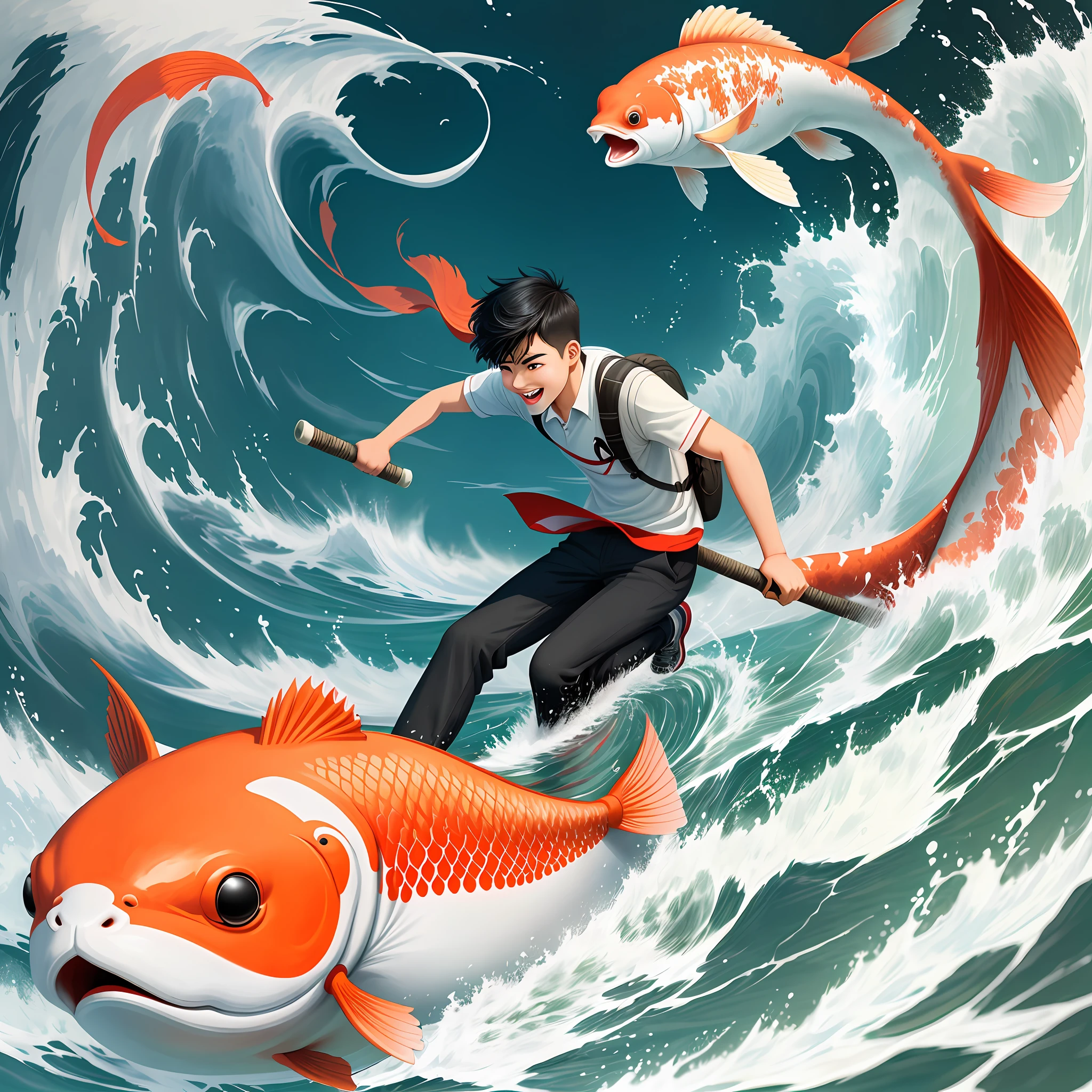 A poster, cartoon illustration, college entrance examination student holding a roll in his hand, riding on a koi and rushing towards the banner