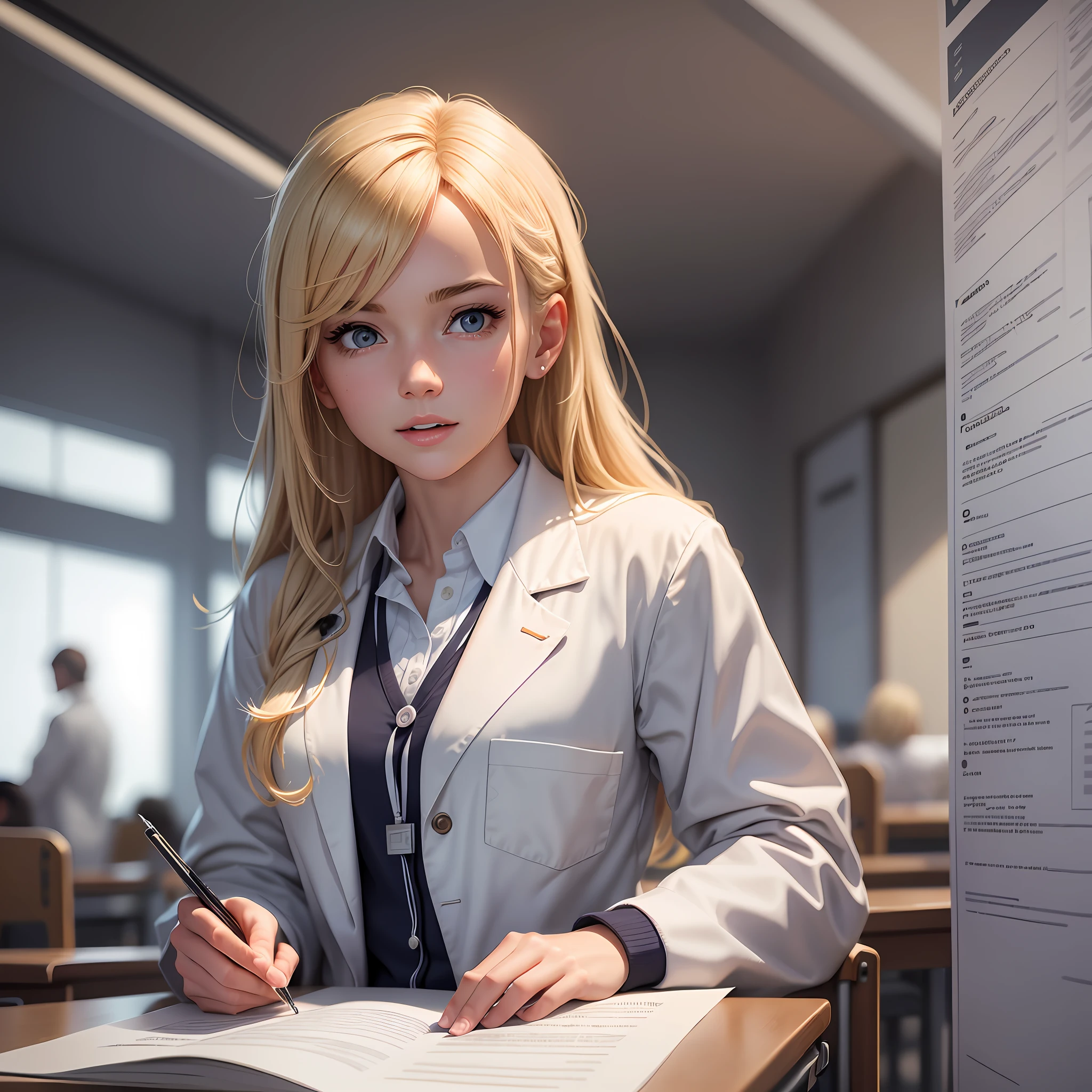 /imagine prompt: In class, a blonde medical student is sitting at her desk, wearing a white lab coat as she focuses on an exam. The environment around you is depicted in ultra-realistic 8k, with all the details refined and meticulously represented. The tables are arranged symmetrically, the chalkboards are filled with anatomical information, and the manuals are open and marked with important notes. The lighting is carefully adjusted to enhance the student's serious expression and the details of the lab coat. The image is a digital illustration, with vivid colors and sharp strokes, highlighting the realistic details of the student, the lab coat and the classroom environment. --ar 16:9 --v 5