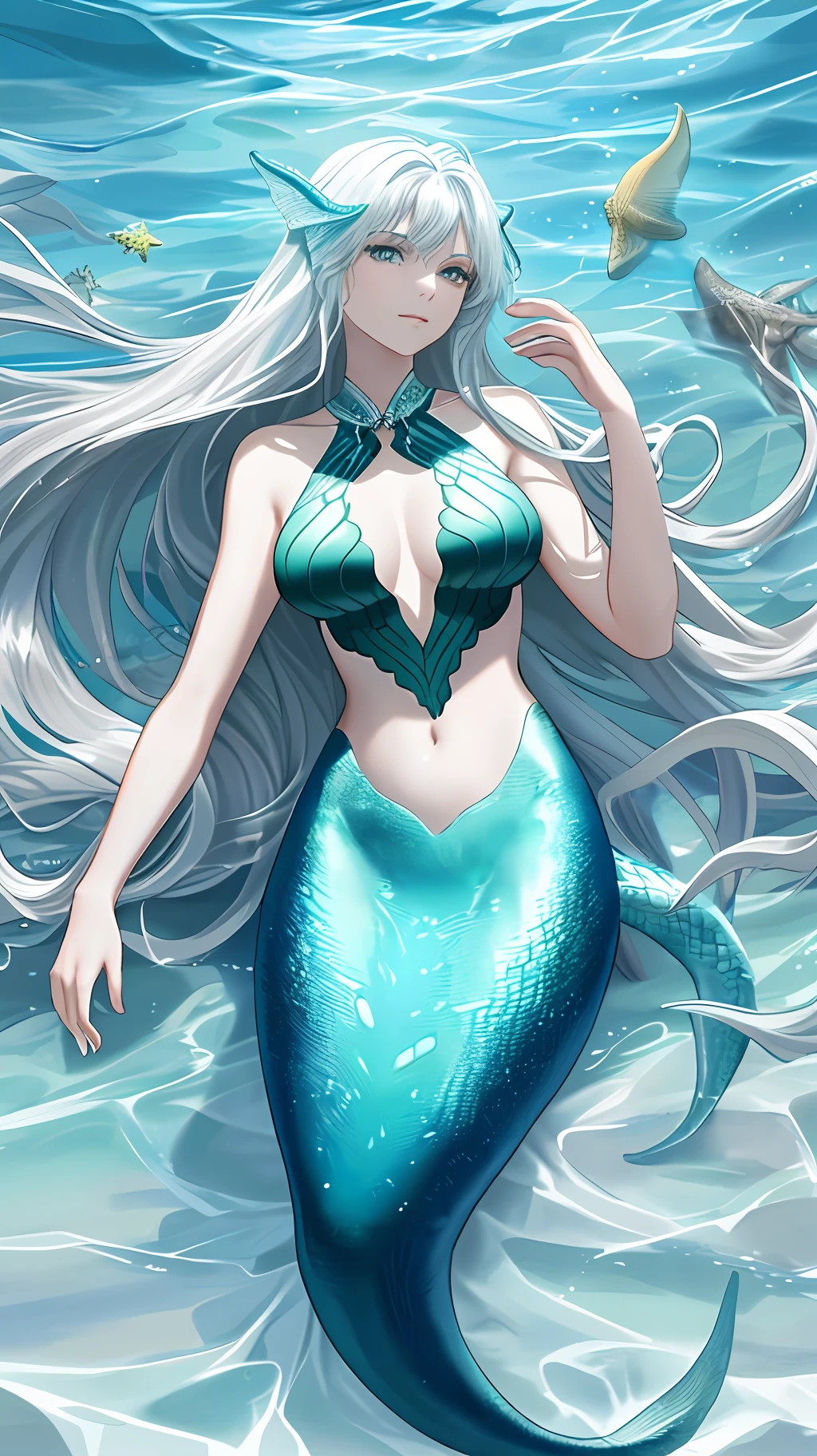 A mermaid, mystical, slender and elegant body, with the upper part being human and the lower one transformed into a scaly tail, skin with luminous and soft tone,Her face is harmonious and charming, large and expressive eyes, long silky hair flowing in sinuous waves, color of her hair in shades of sea-green, dark-blue, on the seabed,   algae, fish, starfish, corals