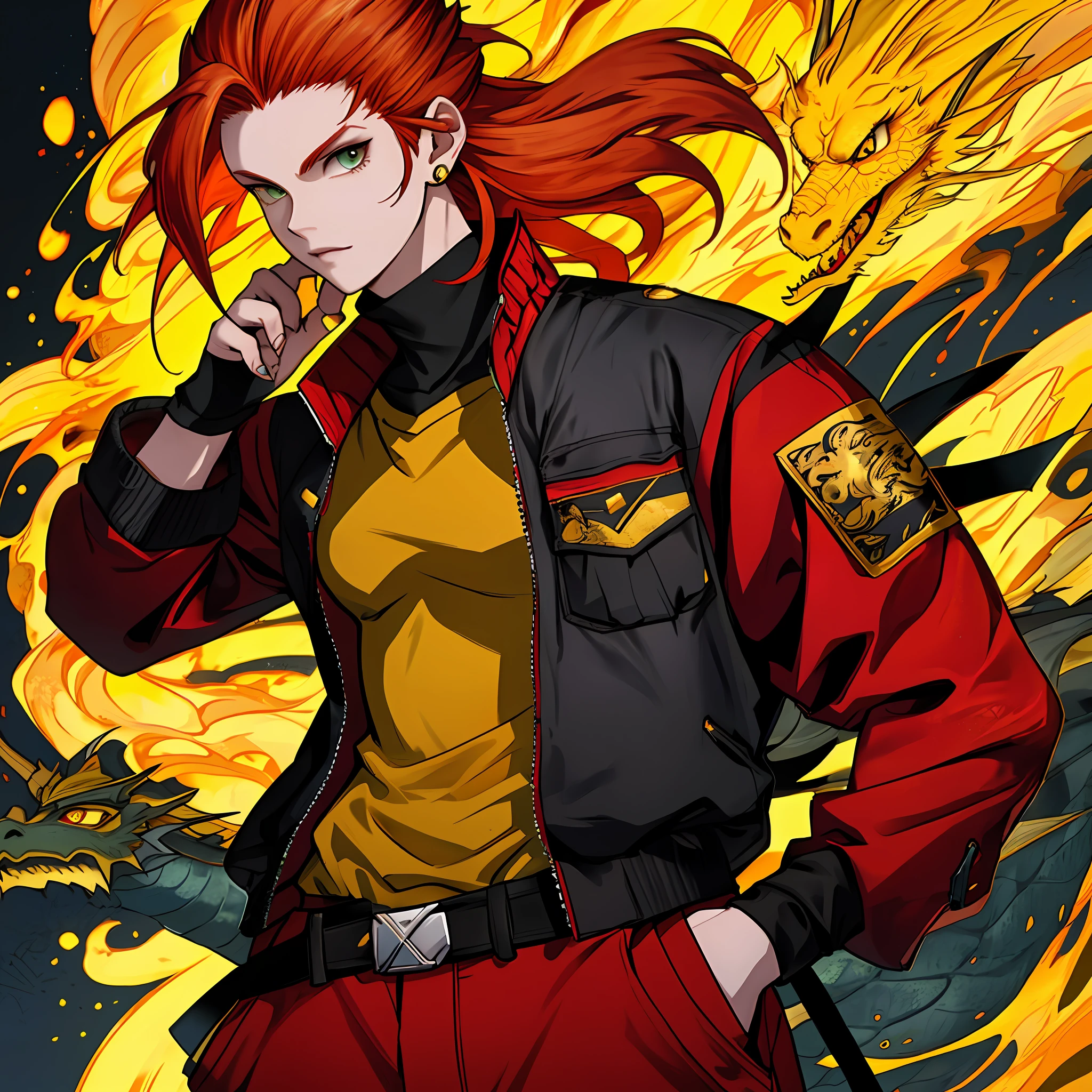 DRAGON WOMAN, red hair, yellow hair tip, Strong, black clothes scales across the body, hand in pocket