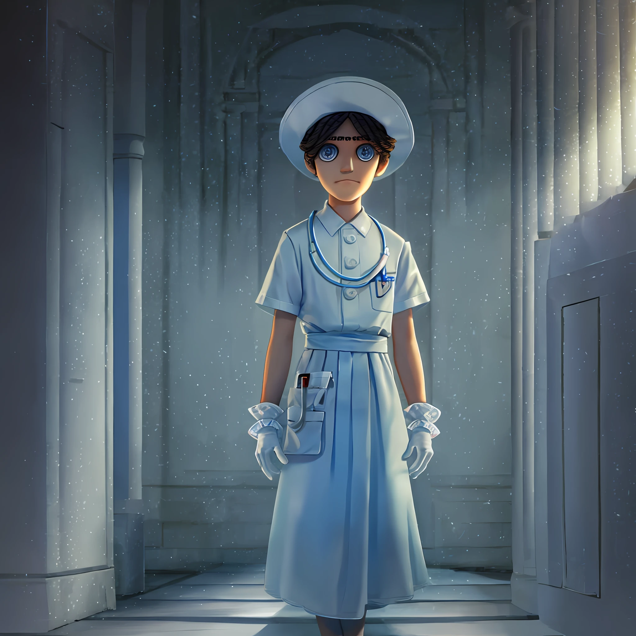 Masterpiece, high quality, young boy, nurse white hat, short light blue shirt, white long skirt, white gloves, facing forward, looking at camera, full body, center of screen