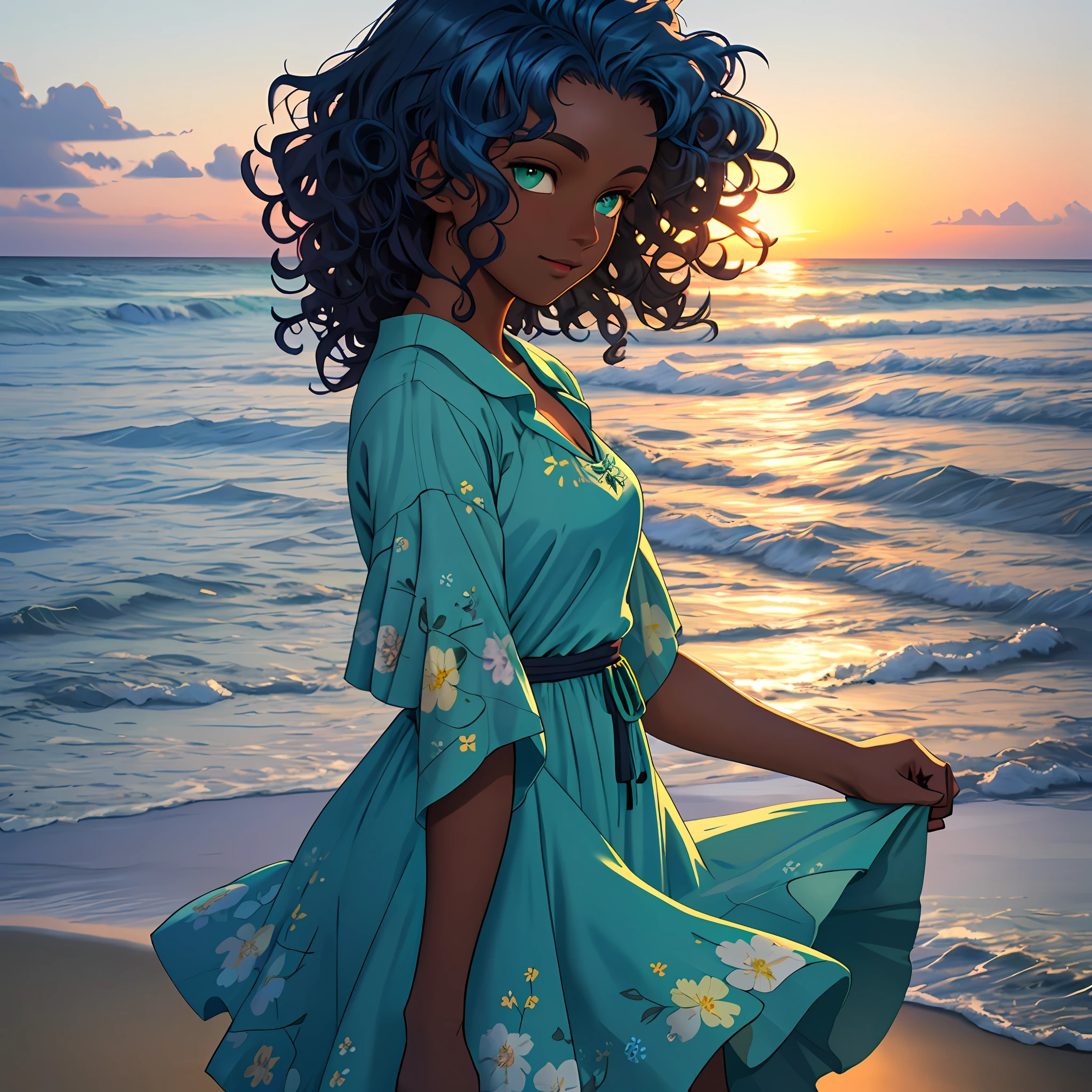 dark skinned woman with blue curly hair, green eyes with flowered dress on a beach at dusk