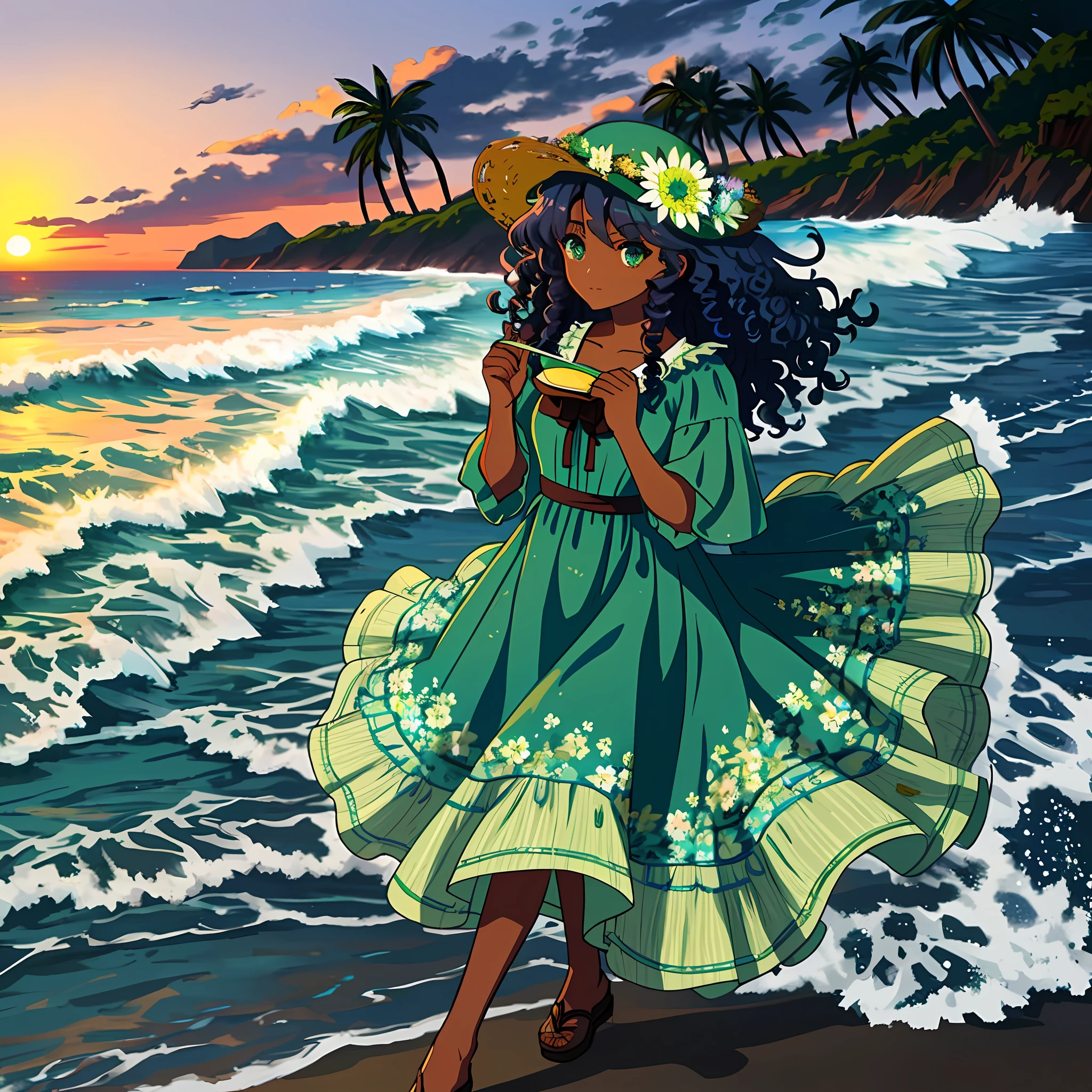 dark skinned woman with blue curly hair, green eyes with flowered dress on a beach at dusk