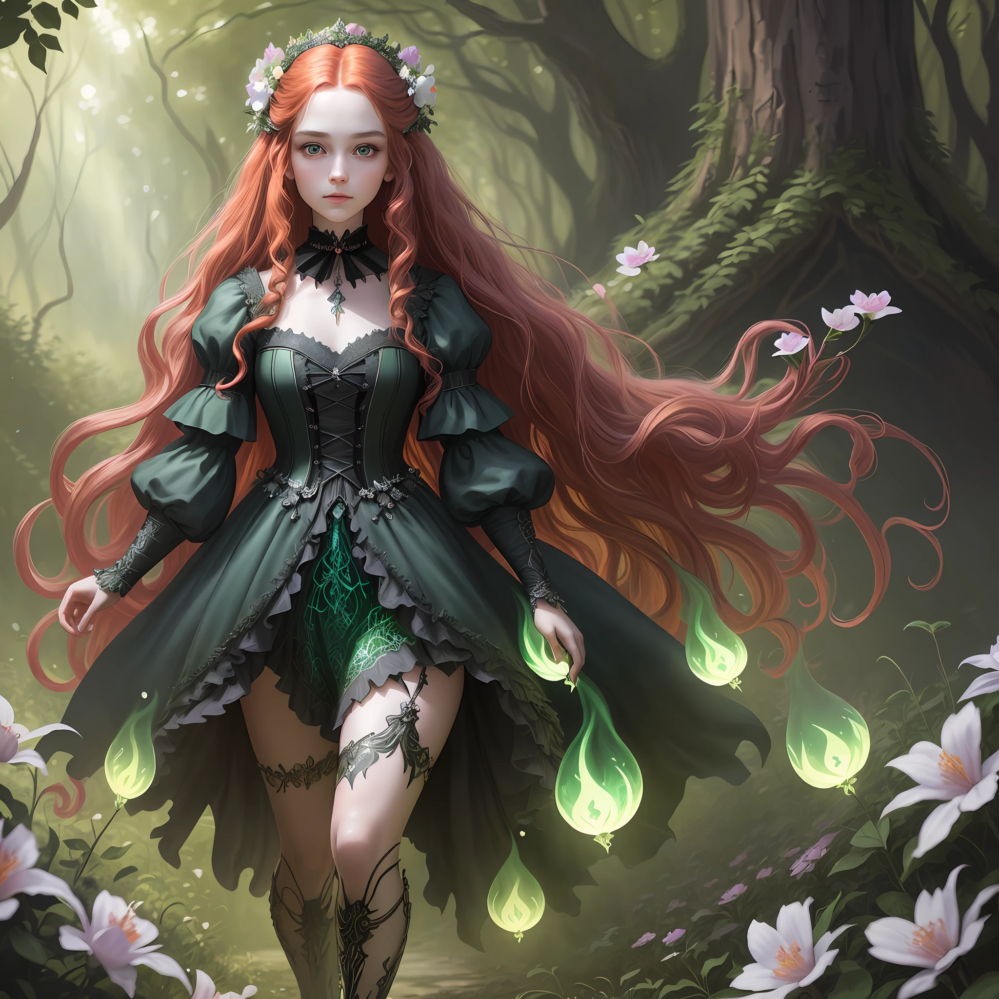 beautiful child princess, (magic forest background), pale skin, delicate and pretty detailed face, long and curly red hair, detailed and realistic bright green eyes, fairy and flowers, wild flowers blending into hair, medieval princess outfit, full body, cover, choker, hyperdetailed painting, luminism, Bar lighting, complex, 4k resolution concept art portrait by Greg Rutkowski, Artgerm, WLOP, little fusion pojatti realistic goth, fractal isometrics details bioluminescens : a stunning realistic photograph 04 years-variation