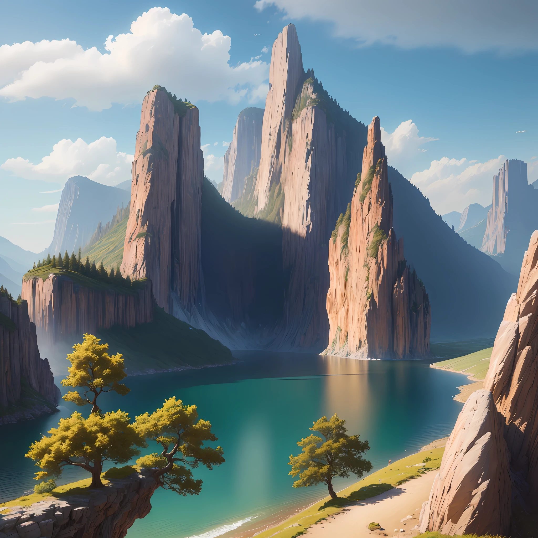 masterpiece, best quality, high quality, extremely detailed CG unity 8k wallpaper, scenery, outdoors, sky, cloud, day, no humans, mountain, landscape, water, tree, blue sky, waterfall, cliff, nature, lake, river, cloudy sky,award winning photography, Bokeh, Depth of Field, HDR, bloom, Chromatic Aberration ,Photorealistic,extremely detailed, trending on artstation, trending on CGsociety, Intricate, High Detail, dramatic, art by midjourney