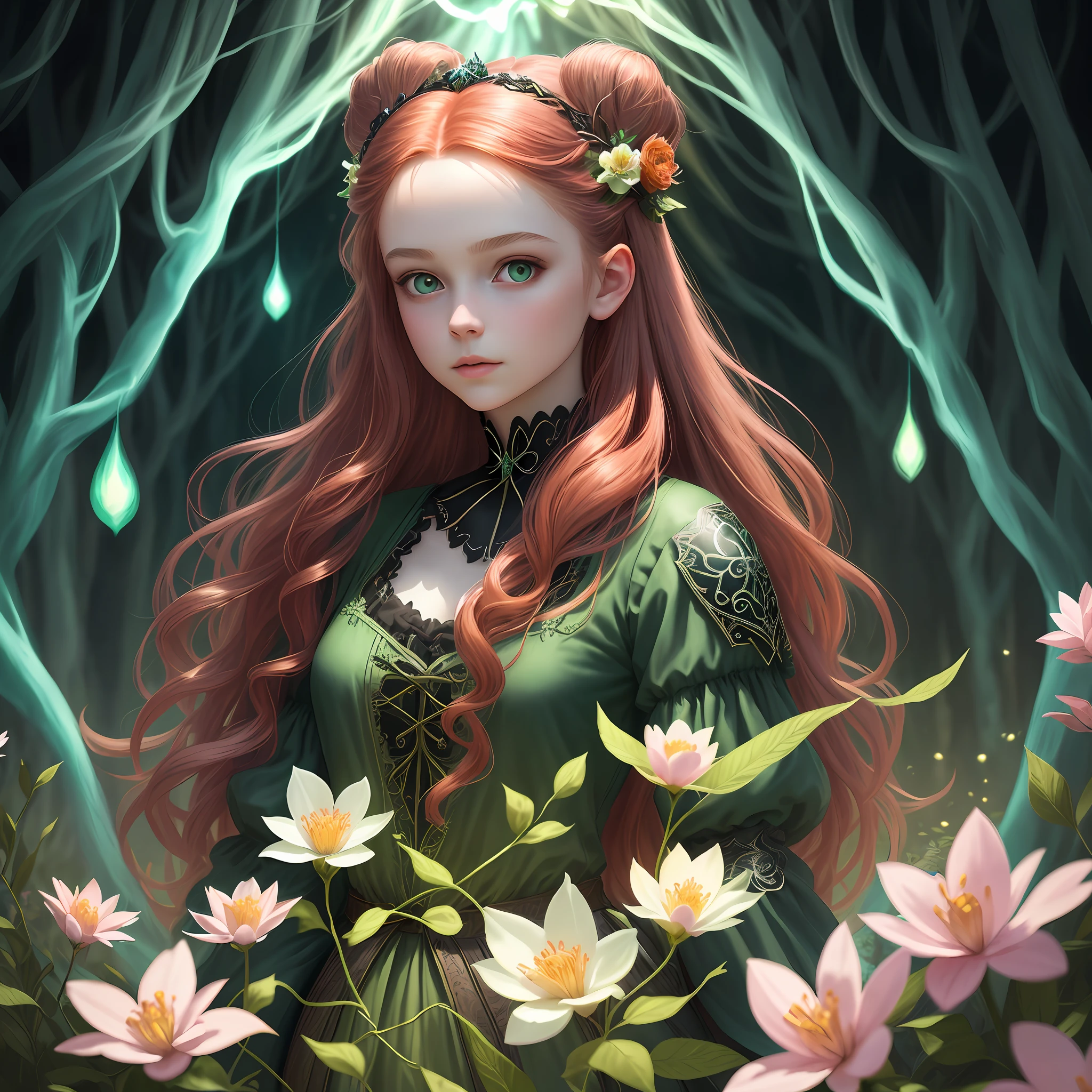 beautiful child princess, (magic forest background), pale skin, delicate and pretty detailed face, long and curly red hair, detailed and realistic bright green eyes, fairy and flowers, wild flowers blending into hair, medieval princess outfit, full body, cover, choker, hyperdetailed painting, luminism, Bar lighting, complex, 4k resolution concept art portrait by Greg Rutkowski, Artgerm, WLOP, little fusion pojatti realistic goth, fractal isometrics details bioluminescens : a stunning realistic photograph 04 years-variation