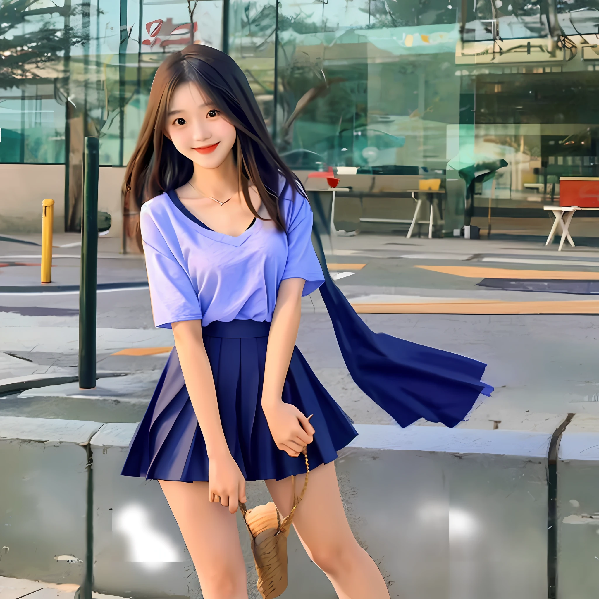 Beautiful Chinese girl with short skirt V-neck and sweet smile