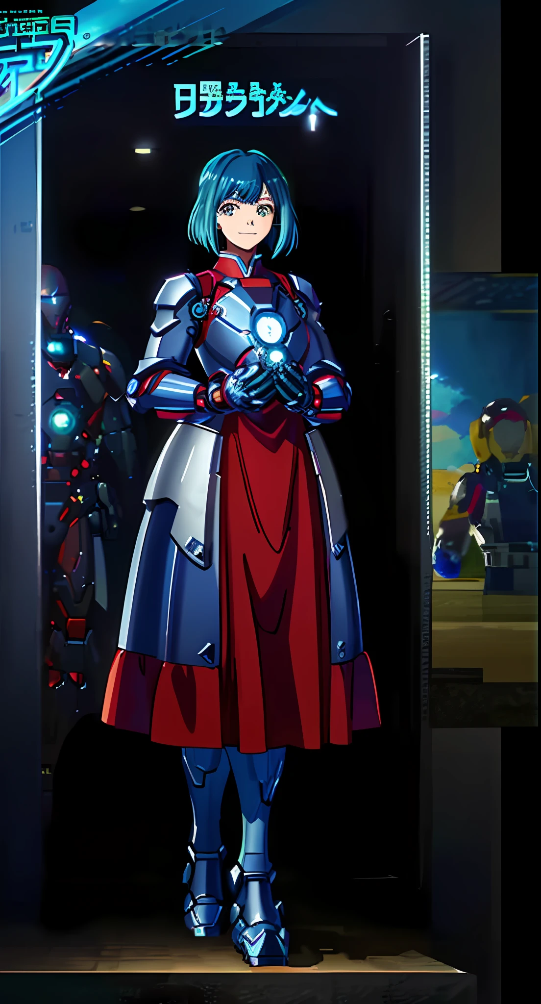 1woman, solo, masterpiece, best quality, high res, iron man armor, blue iron man armor, blue hair, gradient hair, green hair, arc reactor, smiling, armor chestplate, iron man chestplate, iron man armor pants