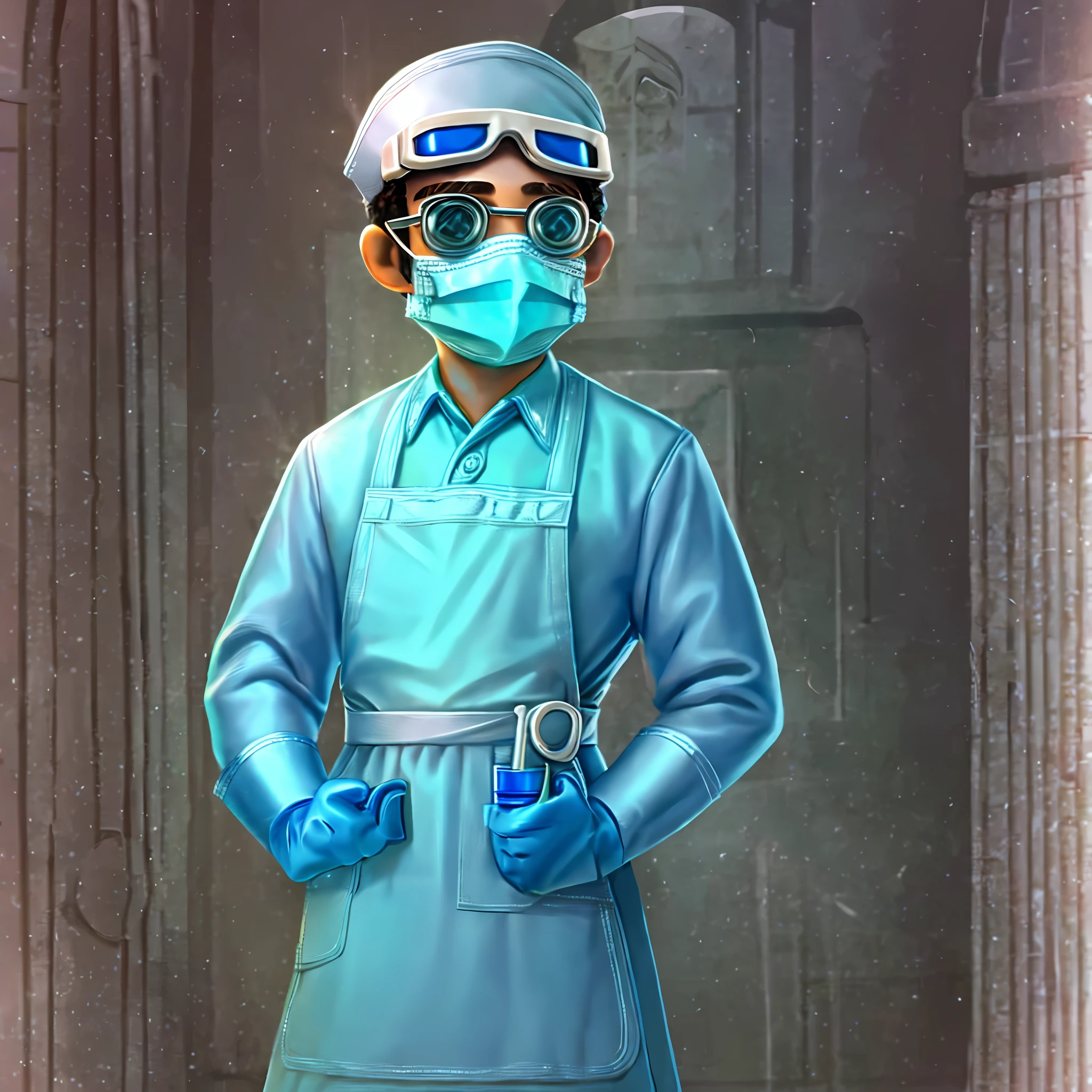 Masterpiece, high quality, young boy, nurse white hat, light blue long sleeve shirt with white apron, white gloves, mask, goggles, facing forward, camera gaze, full body, screen center