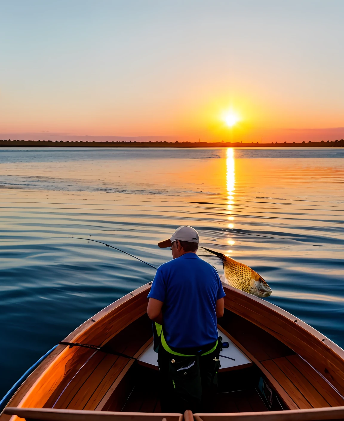a fisherman with a fish in his hands inside a boat with the sun setting