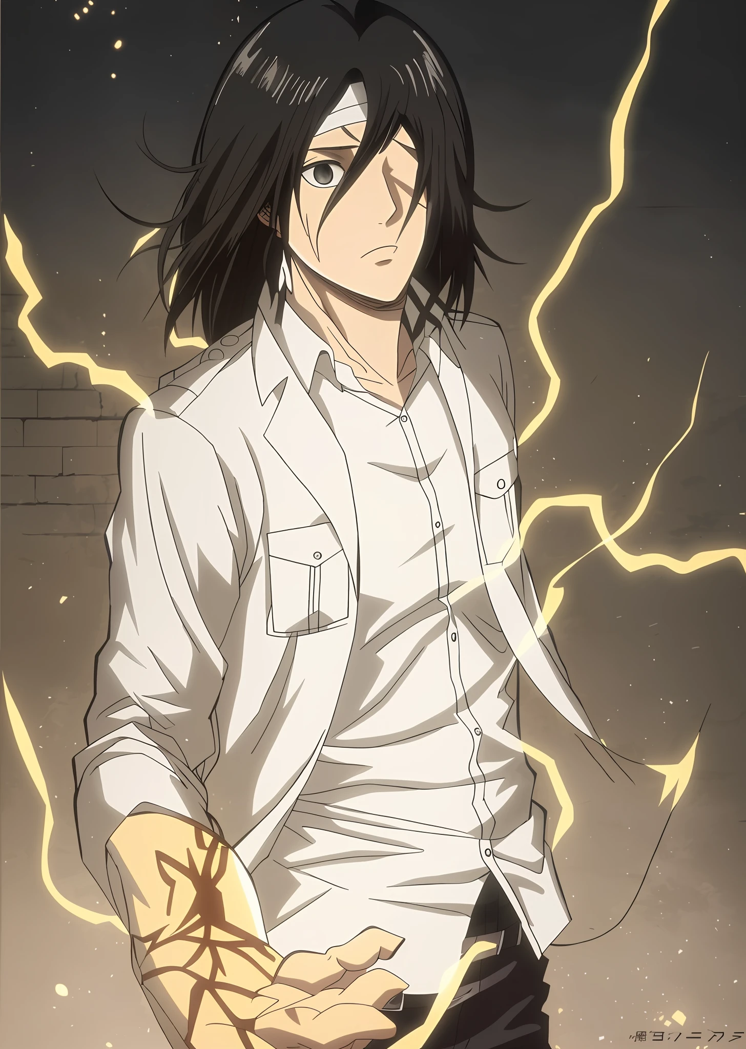 best quality, masterpiece, (realistic: 1.2), 1 man, Eren Jaeger, black jeans, black pants, brown hair, attack on Titan, cold background, black jacket, slim body, high definition, high quality, black clothes