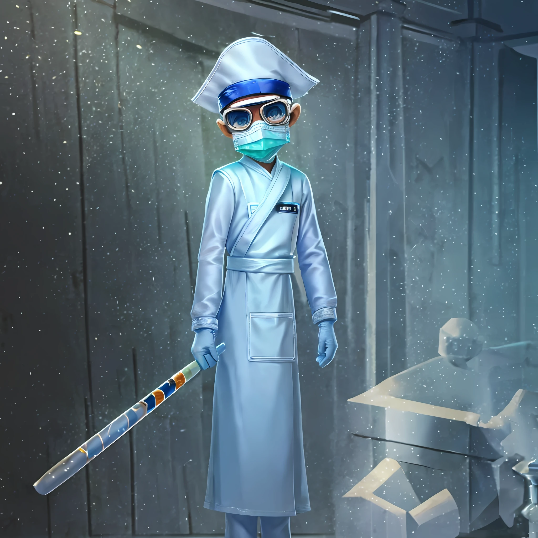 Masterpiece, high quality, young boy, nurse white hat, light blue long sleeve shirt with white apron, white gloves, mask, goggles, facing forward, camera gaze, full body, screen center