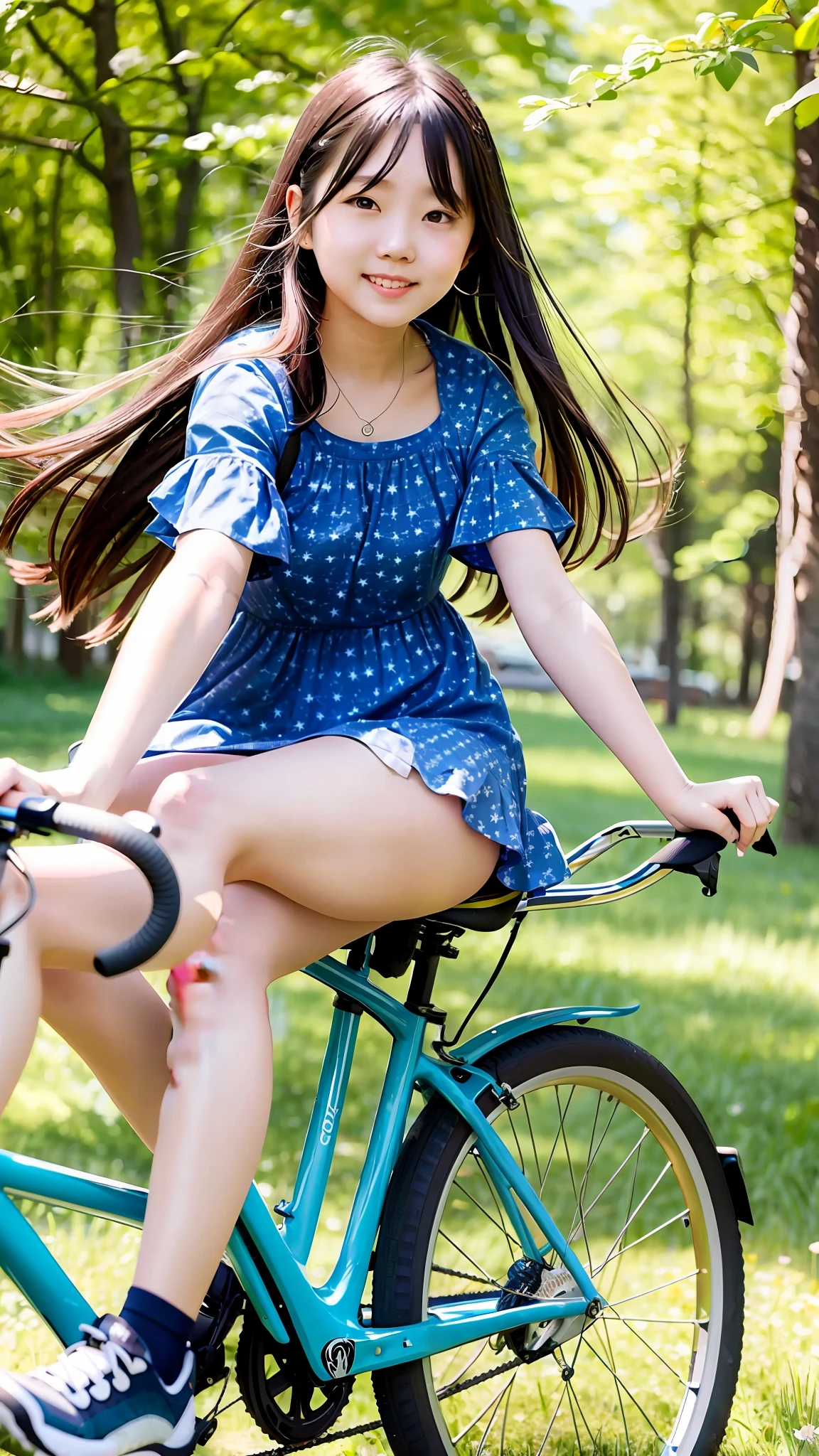 1.2)(Prompt B:1.1)girl, playing, on bicycle,(beautiful:1.1),(happy:1.1), short dress, long hair, beautiful place, blue sky, green trees, bright sun.