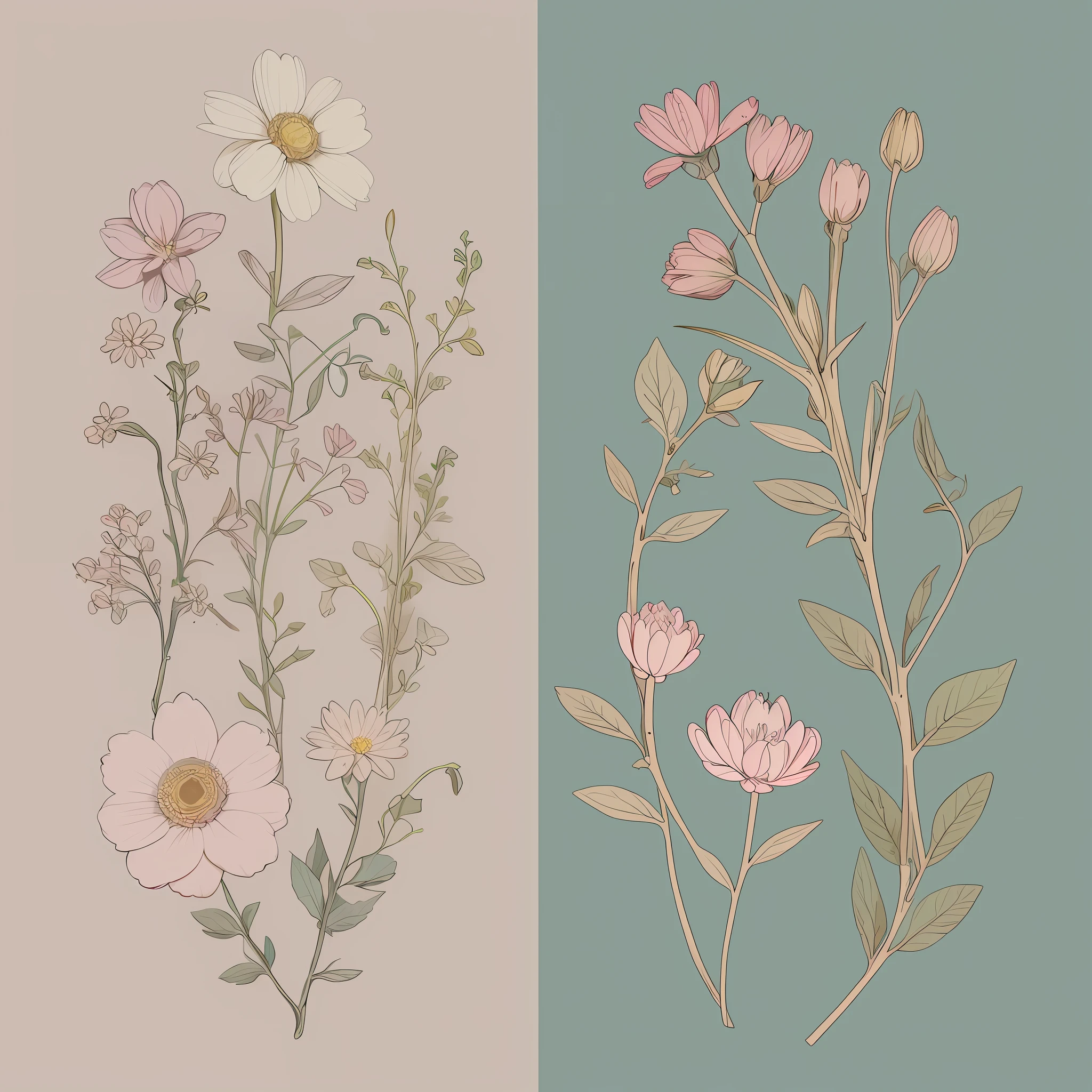 Small flower pattern label style, flat style, vector style, drawing style, naïve style, in very soft pastel colors such as old pink, moss green, light blue, beige, light yellow, broken white. WHITE BACKGROUND