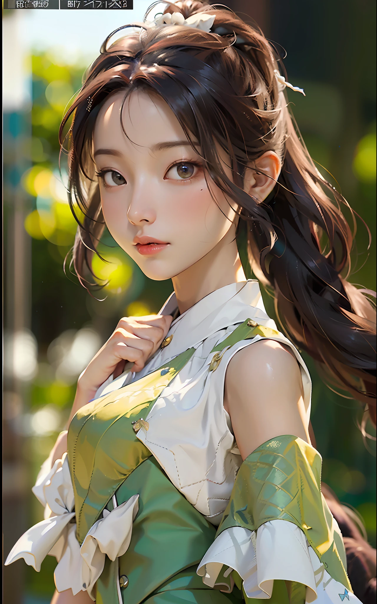 (Best Quality)), (Masterpiece)), (Details: 1.4), 3D, Images of neat and clean modern women, Sparkling brown hair, Beautiful brown eyes, Beautiful face, Dark blue pleated long skirt, white blouse, small, Dynamic pose, Dynamic Angle, HDR, Ray Tracing, NVIDIA RTX, Super Resolution, Unreal 5, Subsurface Scattering, PBR texturing, post-processing, anisotropic filtering, depth of field, maximum clarity and sharpness, multi-layer textures, albedo and specular maps, surface shading, accurate simulation of light-matter interactions, perfect proportions, octane rendering, two-tone lighting, wide aperture, low ISO, White Balance, Rule of Thirds, 8K RAW,