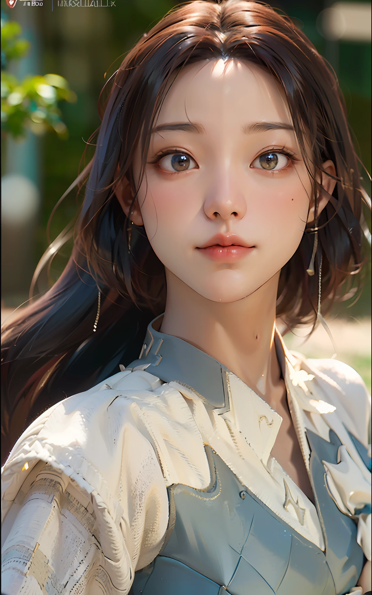 (Best Quality)), (Masterpiece)), (Details: 1.4), 3D, Images of neat and clean modern women, Sparkling brown hair, Beautiful brown eyes, Beautiful face, Dark blue pleated long skirt, white blouse, small, Dynamic pose, Dynamic Angle, HDR, Ray Tracing, NVIDIA RTX, Super Resolution, Unreal 5, Subsurface Scattering, PBR texturing, post-processing, anisotropic filtering, depth of field, maximum clarity and sharpness, multi-layer textures, albedo and specular maps, surface shading, accurate simulation of light-matter interactions, perfect proportions, octane rendering, two-tone lighting, wide aperture, low ISO, White Balance, Rule of Thirds, 8K RAW,
