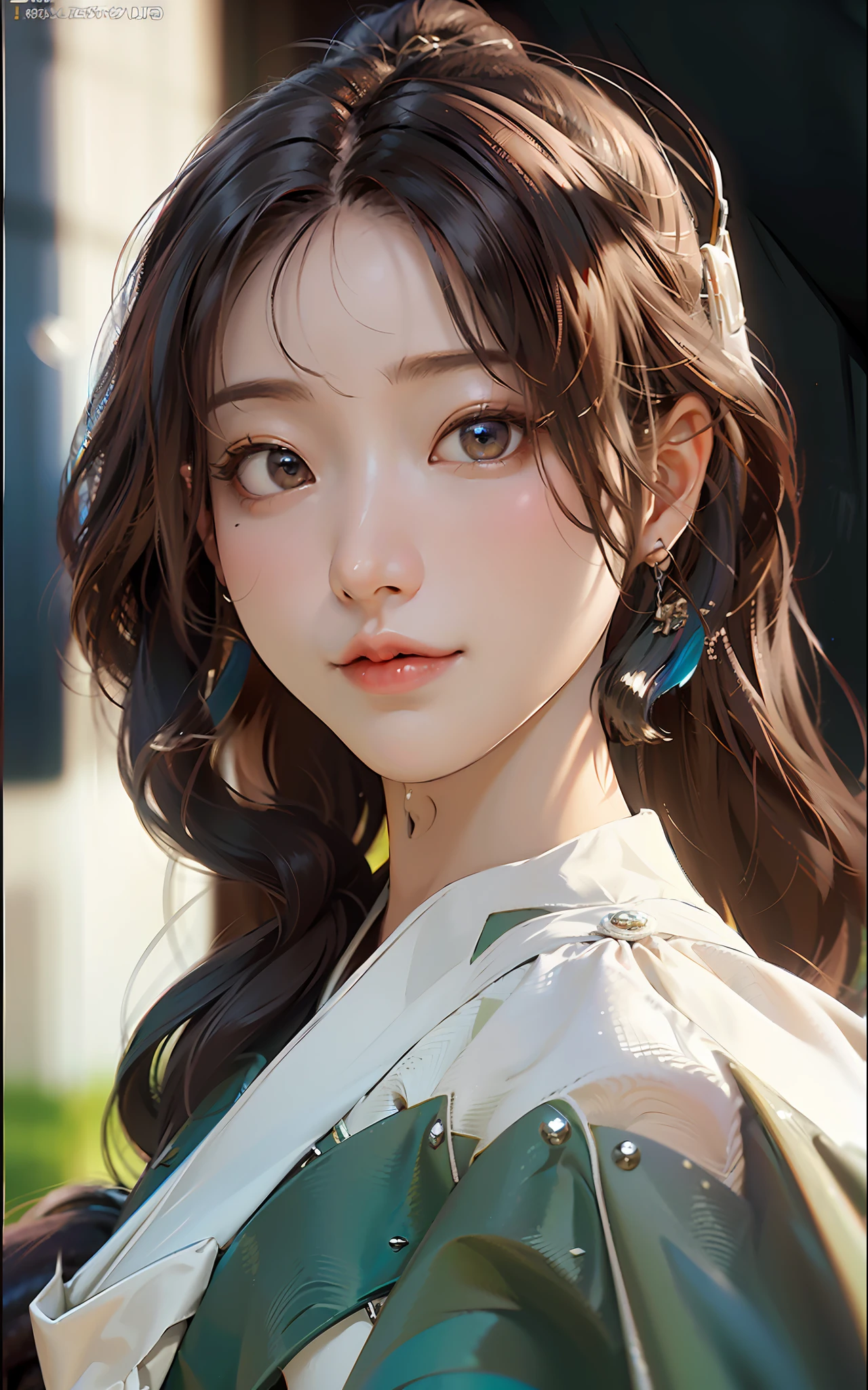 (Best Quality)), (Masterpiece)), (Details: 1.4), 3D, Images of neat and clean modern women, Sparkling brown hair, Beautiful brown eyes, Beautiful face, Dark blue pleated long skirt, white blouse, small, Dynamic pose, Dynamic Angle, HDR, Ray Tracing, NVIDIA RTX, Super Resolution, Unreal 5, Subsurface Scattering, PBR texturing, post-processing, anisotropic filtering, depth of field, maximum clarity and sharpness, multi-layer textures, albedo and specular maps, surface shading, accurate simulation of light-matter interactions, perfect proportions, octane rendering, two-tone lighting, wide aperture, low ISO, White Balance, Rule of Thirds, 8K RAW,