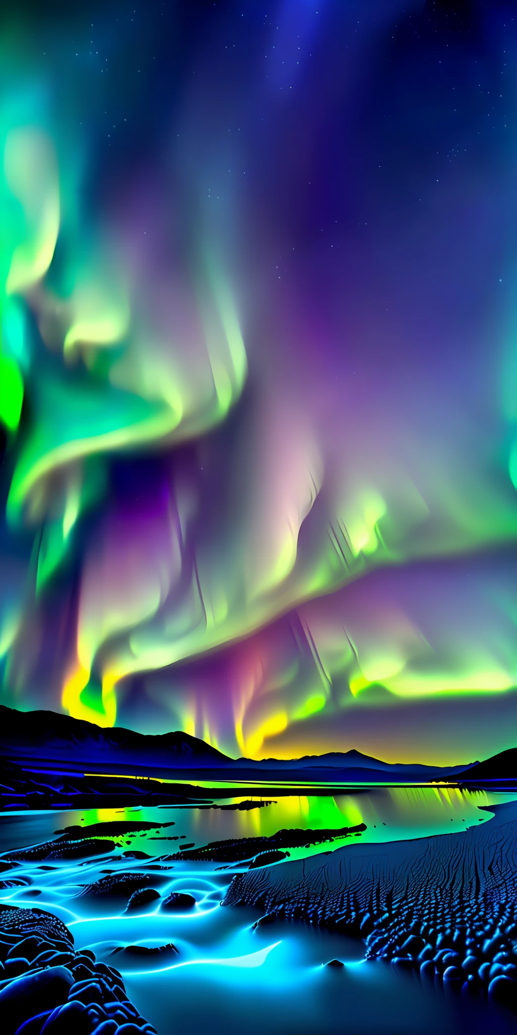 Mountains and a bridge over a river of blue lava with an aurora borealis with 4K resolution, volumetric lighting, cinematic weather